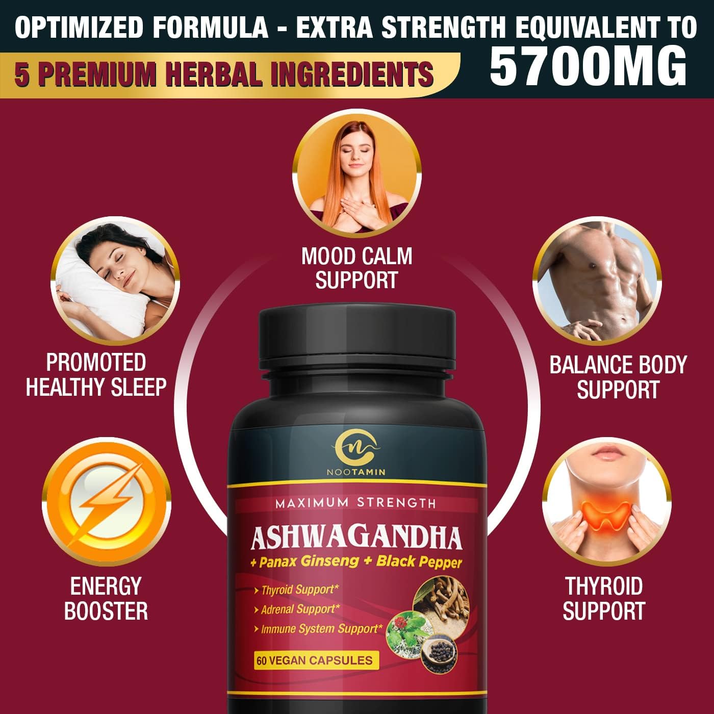 Organic India Ashwagandha Capsules 5700mg - 60 Vegan Capsules with Panax Ginseng & Black Pepper for Focus, Cognitive Function, Immune & Thyroid Support - 2 Months Supply