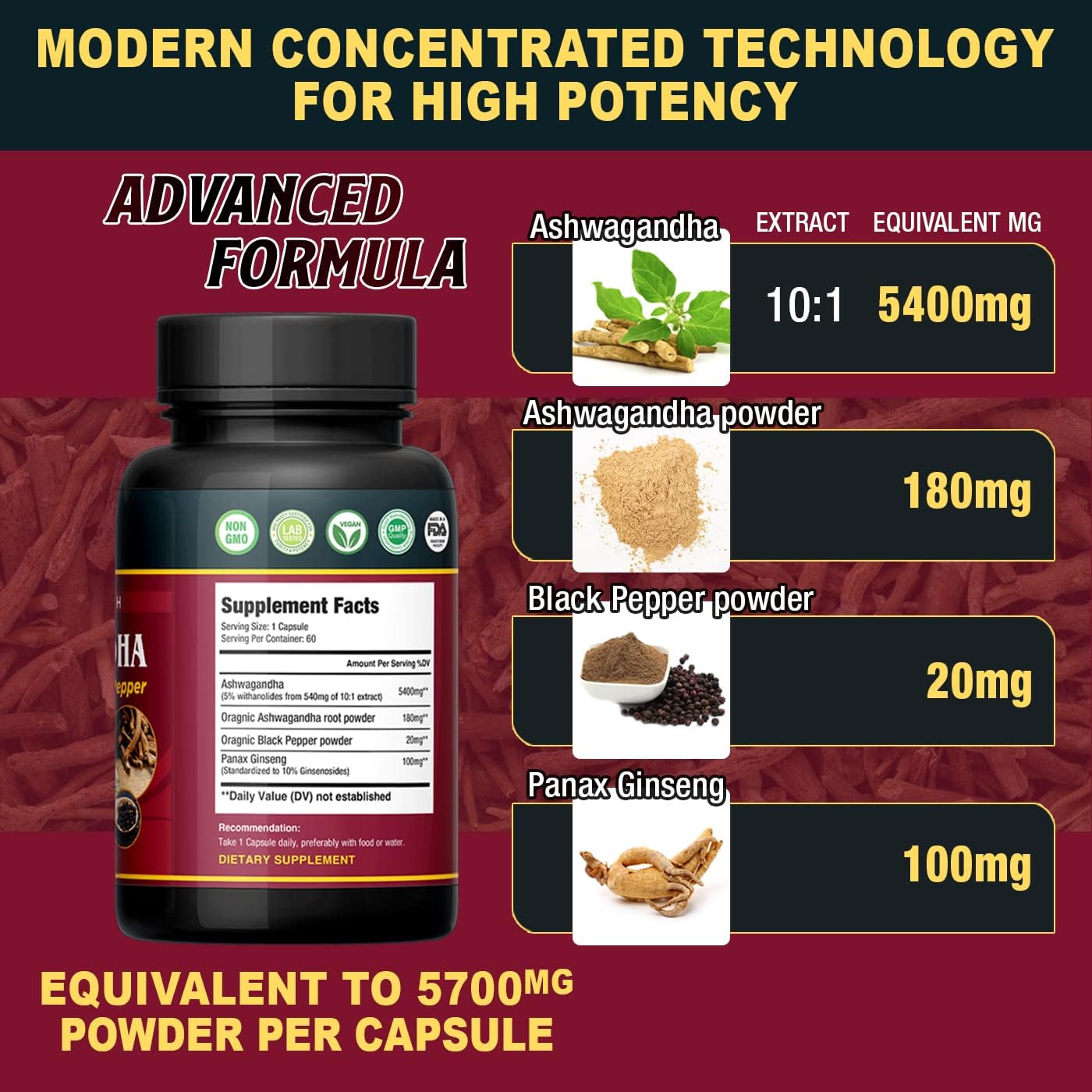 Organic India Ashwagandha Capsules 5700mg - 60 Vegan Capsules with Panax Ginseng & Black Pepper for Focus, Cognitive Function, Immune & Thyroid Support - 2 Months Supply