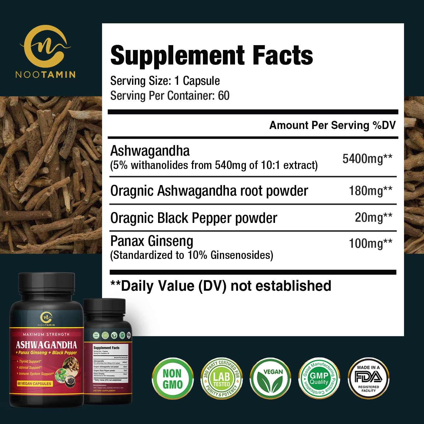 Organic India Ashwagandha Capsules 5700mg - 60 Vegan Capsules with Panax Ginseng & Black Pepper for Focus, Cognitive Function, Immune & Thyroid Support - 2 Months Supply