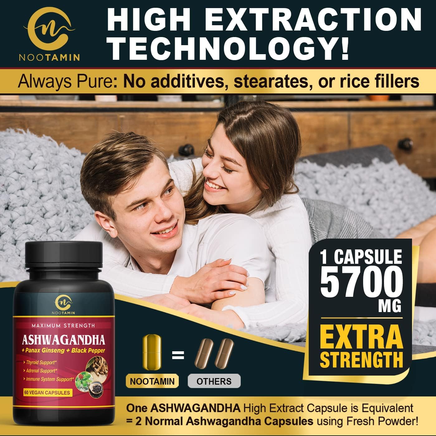 Organic India Ashwagandha Capsules 5700mg - 60 Vegan Capsules with Panax Ginseng & Black Pepper for Focus, Cognitive Function, Immune & Thyroid Support - 2 Months Supply