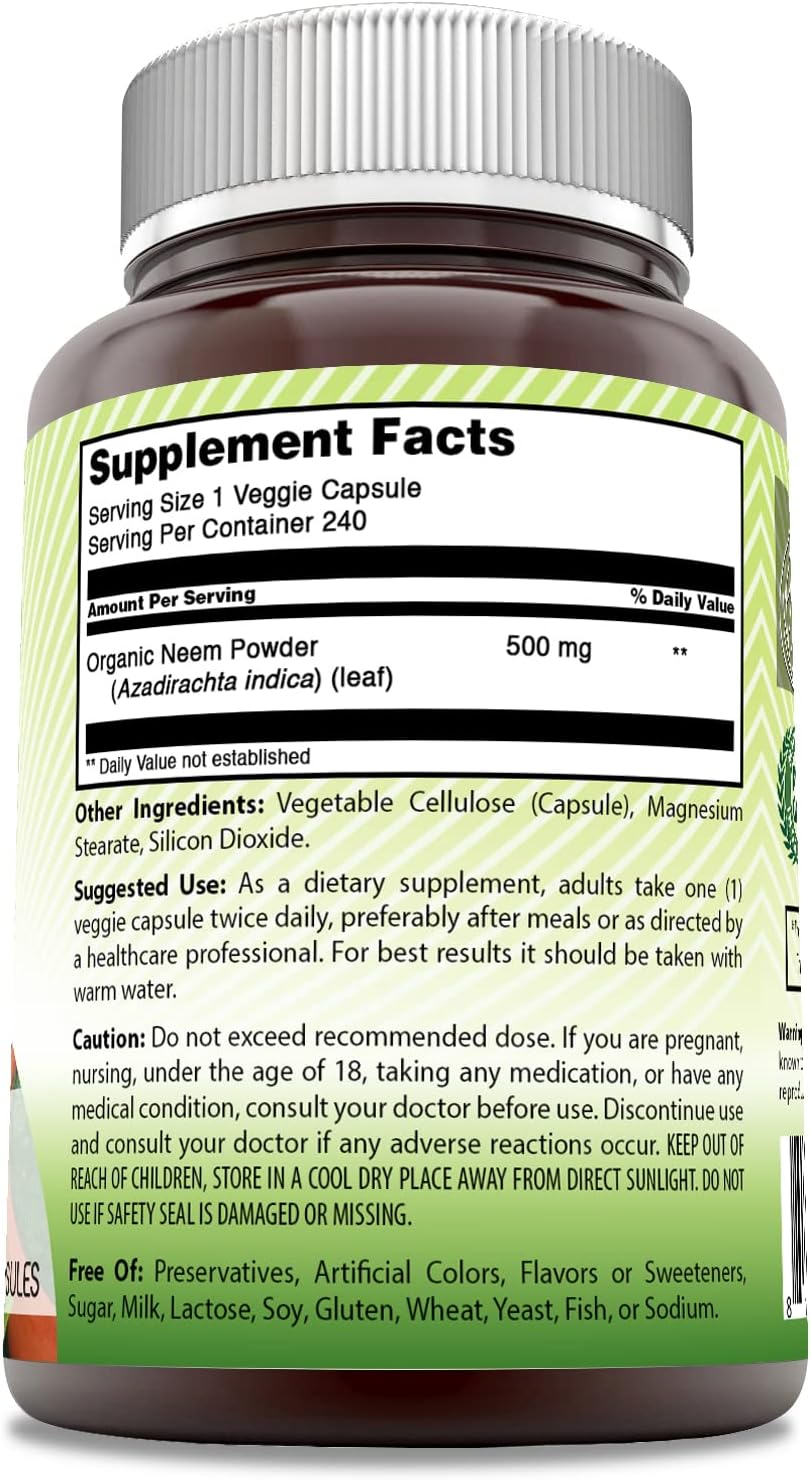 Organic India Neem Leaf 500mg Capsules | Non-GMO & Gluten-Free | Vegetarian Supplement (240 Count)