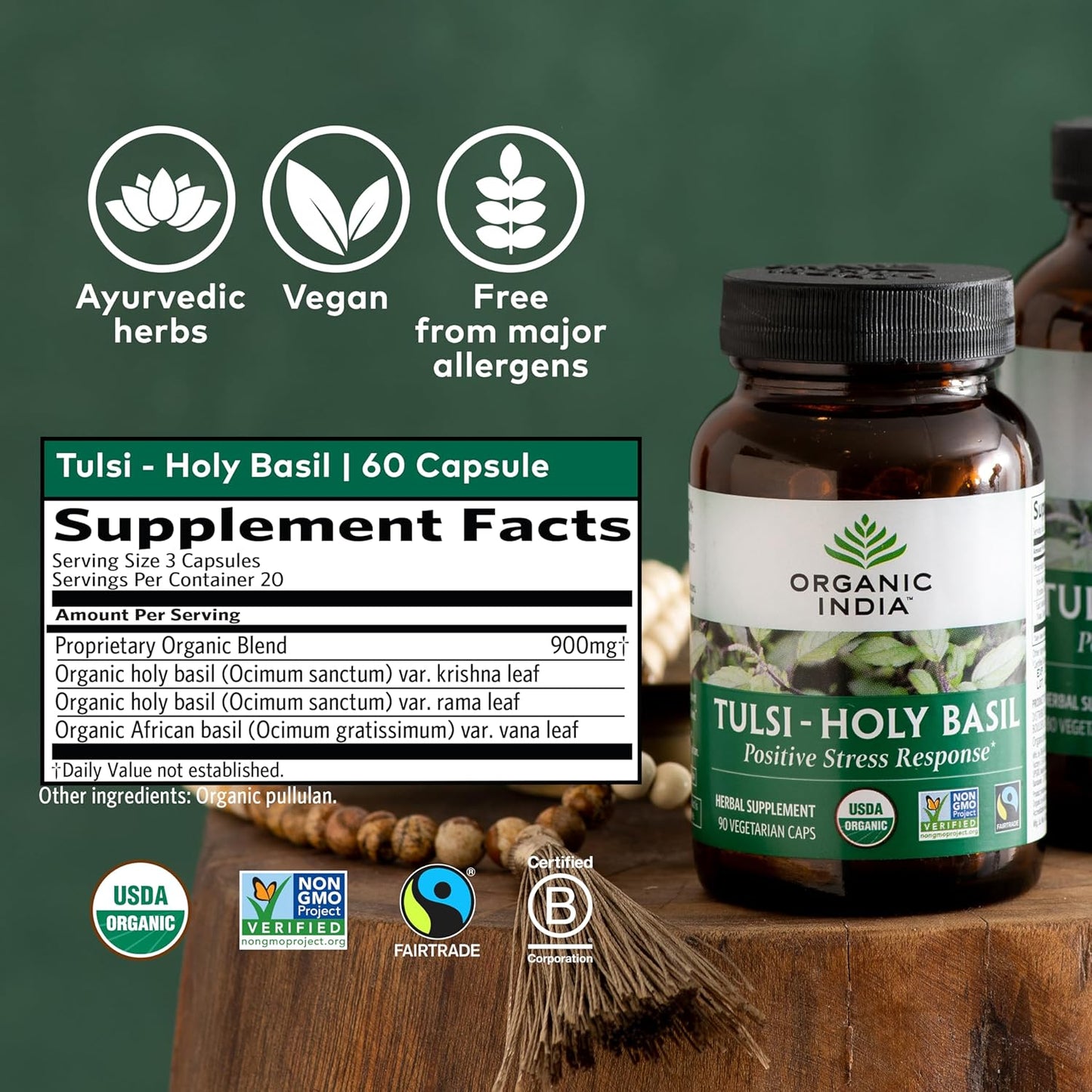 Organic India Tulsi Holy Basil Capsules - Herbal Supplement for Immune Support and Stress Relief - 60 Capsules, Vegan, Gluten-Free, Kosher, Non-GMO