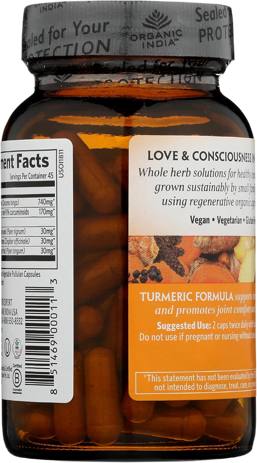 Organic India Turmeric Curcumin Supplement - Supports Joint Mobility, Immune System, Inflammatory Response - 90 Capsules