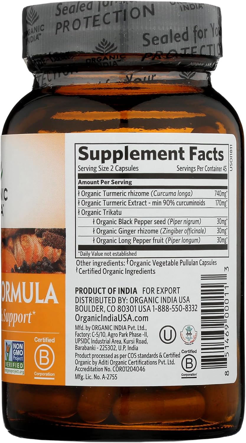 Organic India Turmeric Curcumin Supplement - Supports Joint Mobility, Immune System, Inflammatory Response - 90 Capsules