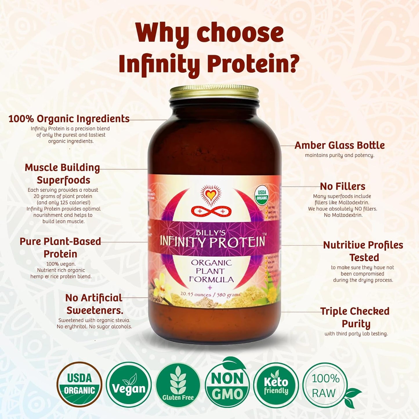 Organic Infinity Greens Plant Based Protein Powder with Enzymes & Prickly Pear Nopal Cactus - Vegan, Sugar Free, Non GMO (580g)