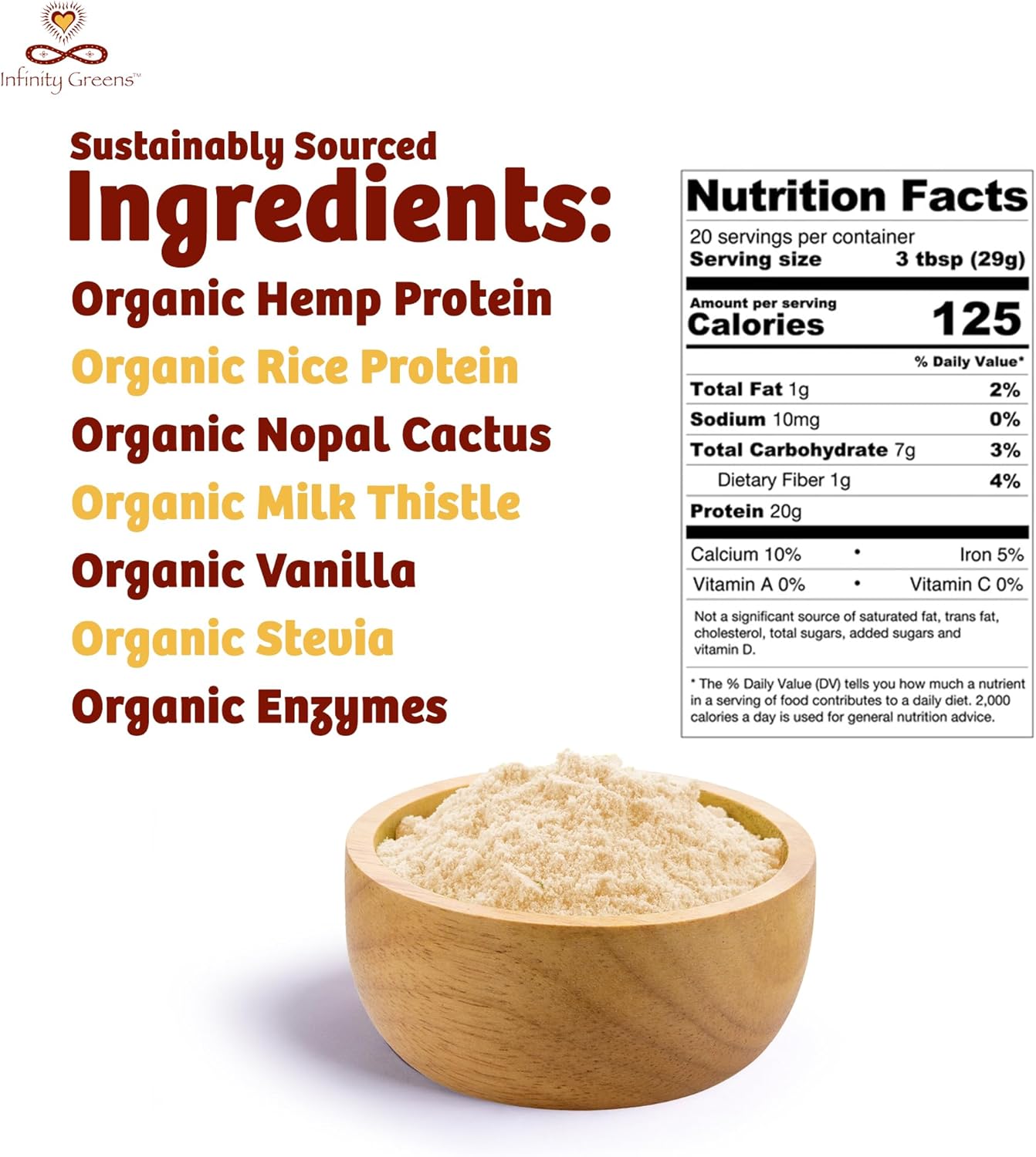 Organic Infinity Greens Plant Based Protein Powder with Enzymes & Prickly Pear Nopal Cactus - Vegan, Sugar Free, Non GMO (580g)