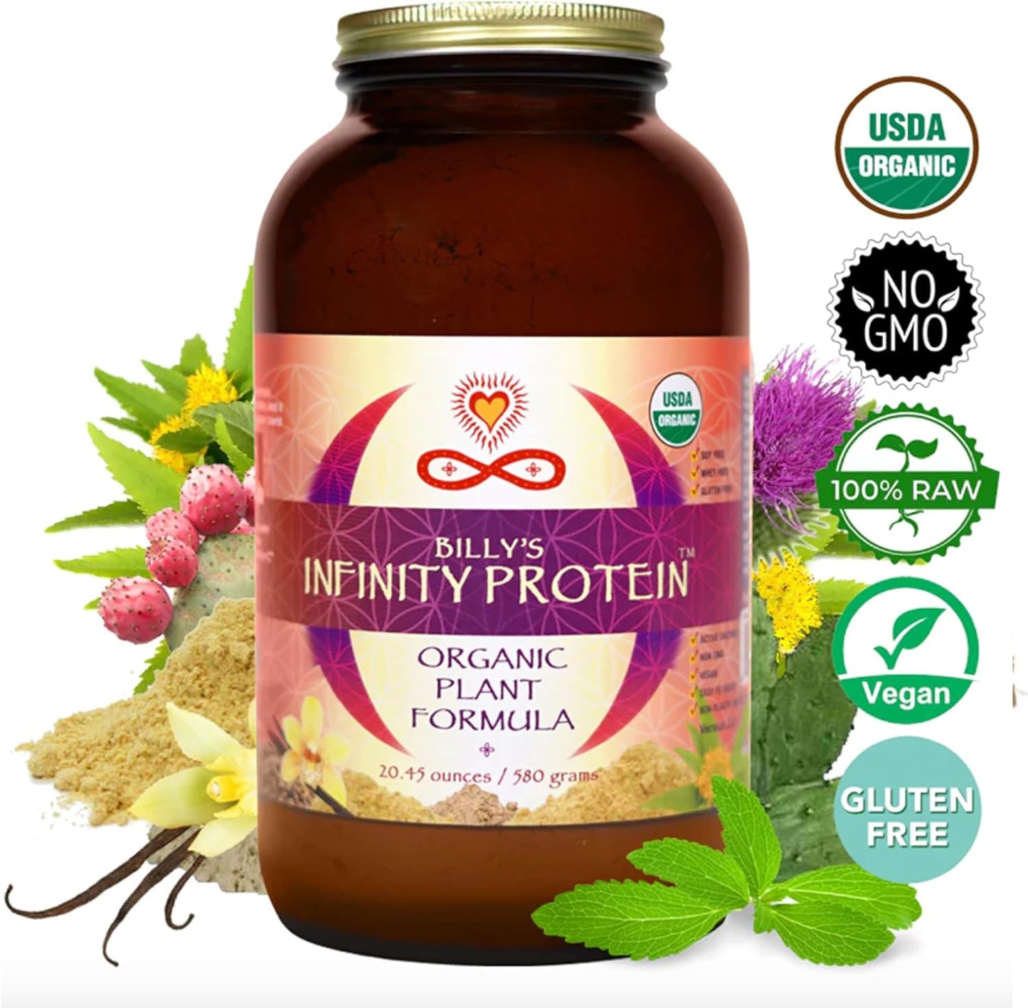 Organic Infinity Greens Plant Based Protein Powder with Enzymes & Prickly Pear Nopal Cactus - Vegan, Sugar Free, Non GMO (580g)