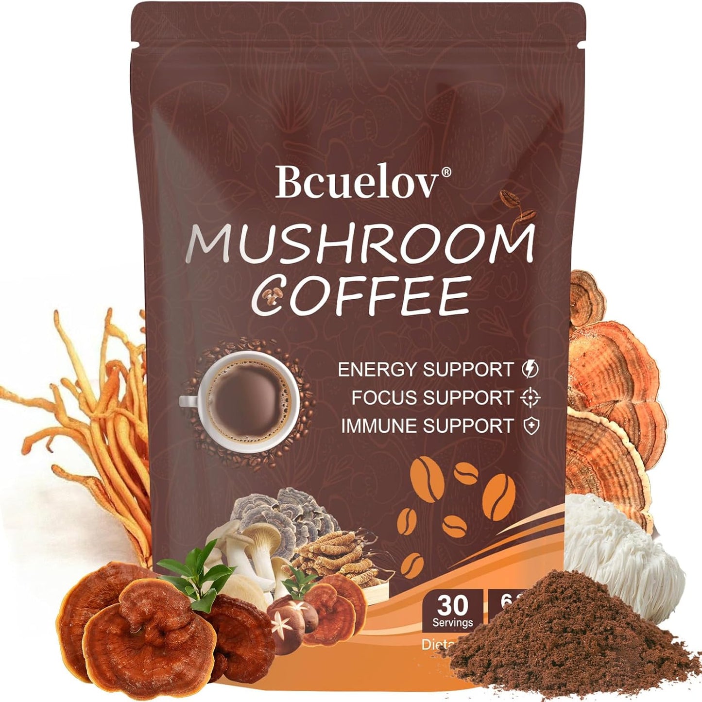 Organic Instant Mushroom Coffee with 6 Adaptogenic Mushrooms for Energy, Focus, Digestion & Immune Support
