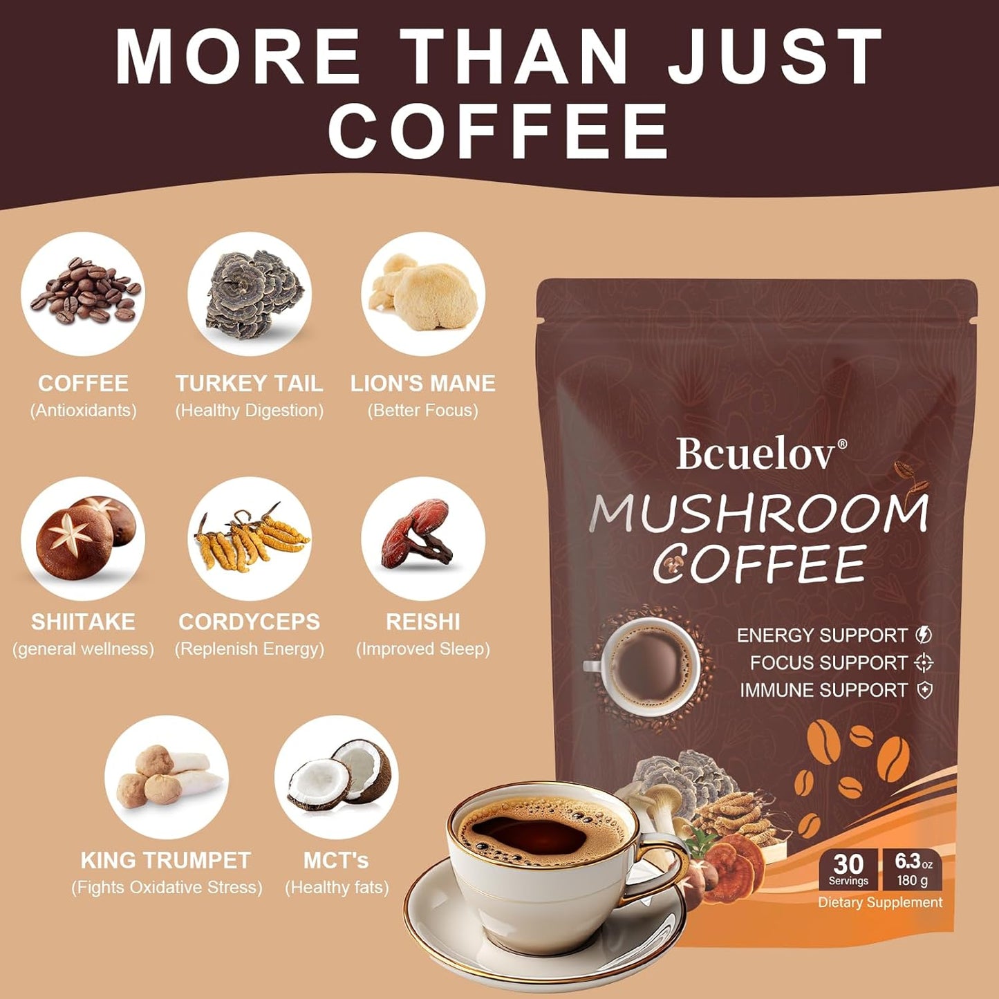 Organic Instant Mushroom Coffee with 6 Adaptogenic Mushrooms for Energy, Focus, Digestion & Immune Support