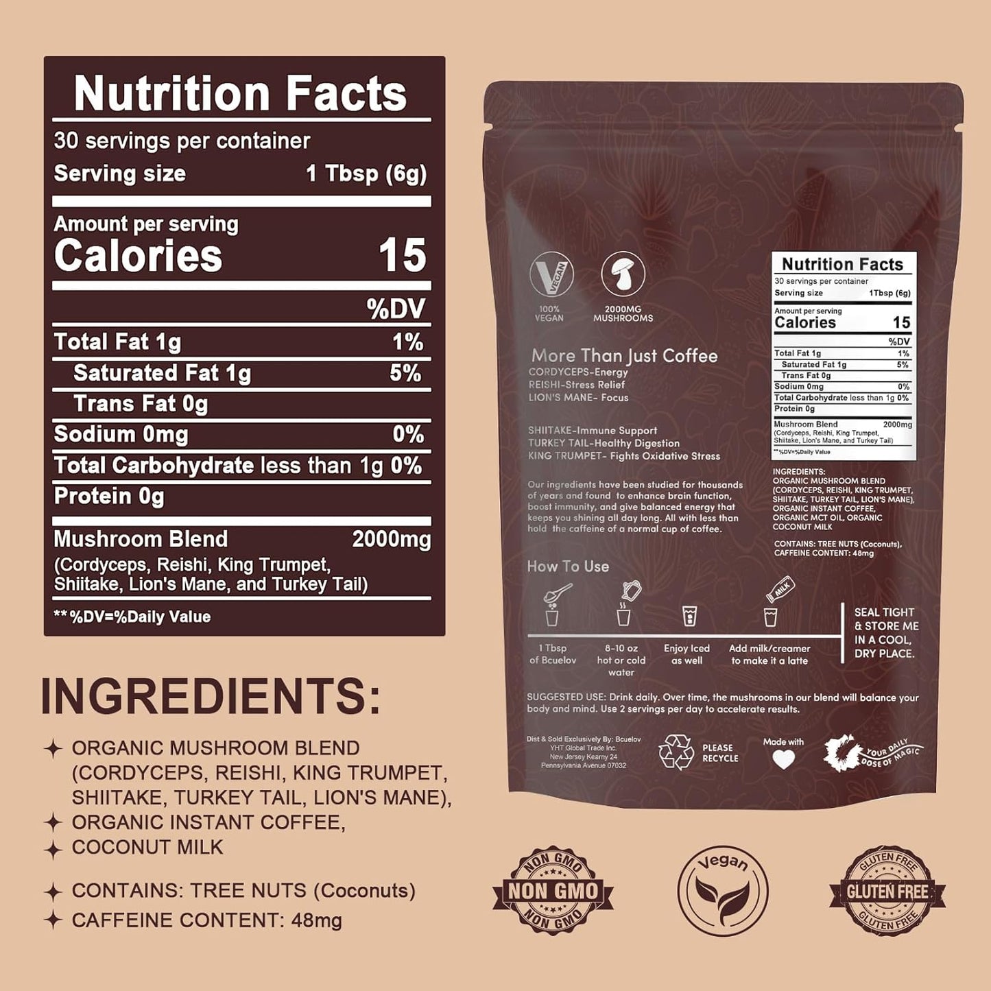 Organic Instant Mushroom Coffee with 6 Adaptogenic Mushrooms for Energy, Focus, Digestion & Immune Support