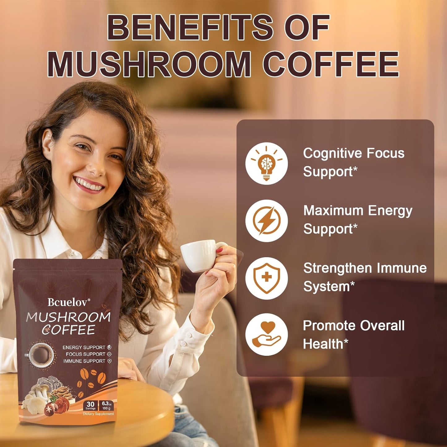 Organic Instant Mushroom Coffee with 6 Adaptogenic Mushrooms for Energy, Focus, Digestion & Immune Support