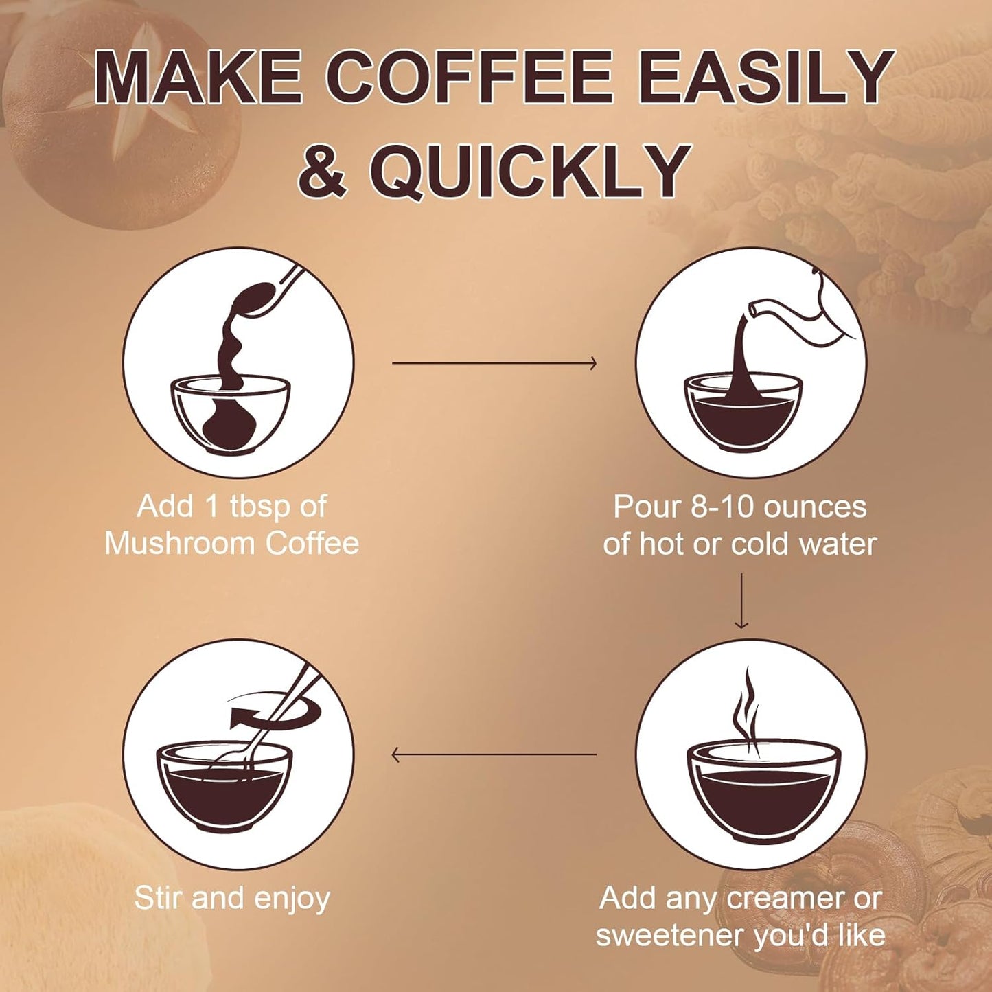 Organic Instant Mushroom Coffee with 6 Adaptogenic Mushrooms for Energy, Focus, Digestion & Immune Support