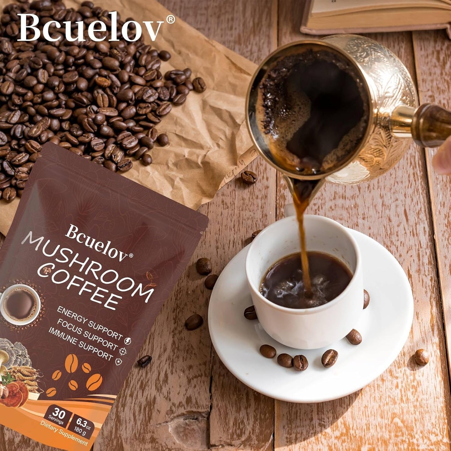 Organic Instant Mushroom Coffee with 6 Adaptogenic Mushrooms for Energy, Focus, Digestion & Immune Support