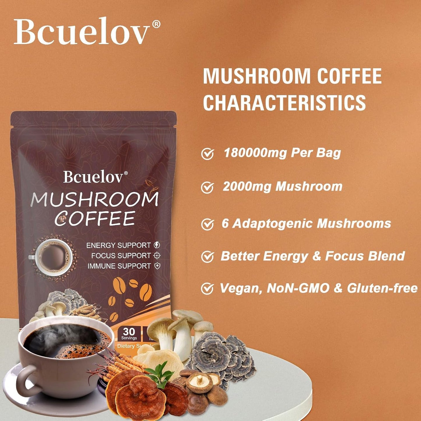 Organic Instant Mushroom Coffee with 6 Adaptogenic Mushrooms for Energy, Focus, Digestion & Immune Support