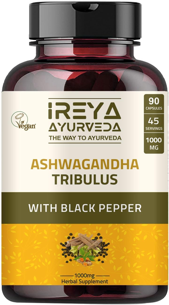 Organic Ireya Ayurveda Ashwagandha Capsules 1000mg (90 Capsules) with Tribulus Terrestris, Shatavari, and Black Pepper - 45 Day Supply