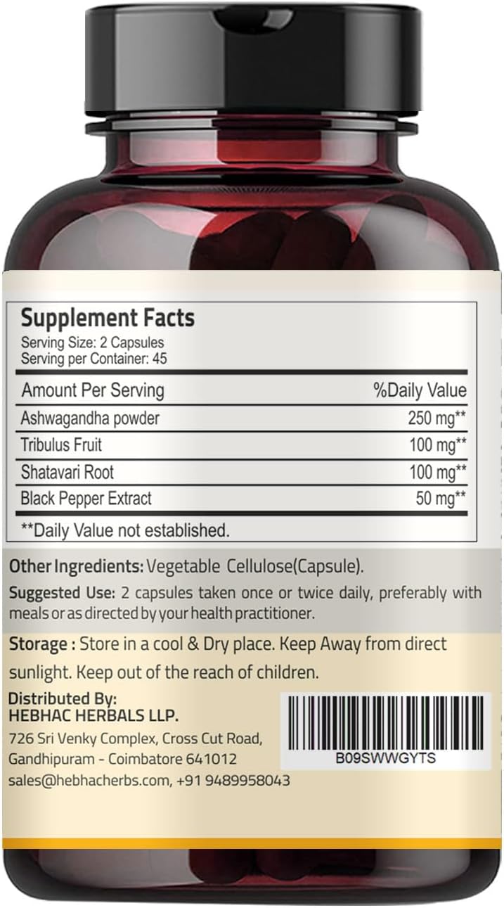 Organic Ireya Ayurveda Ashwagandha Capsules 1000mg (90 Capsules) with Tribulus Terrestris, Shatavari, and Black Pepper - 45 Day Supply