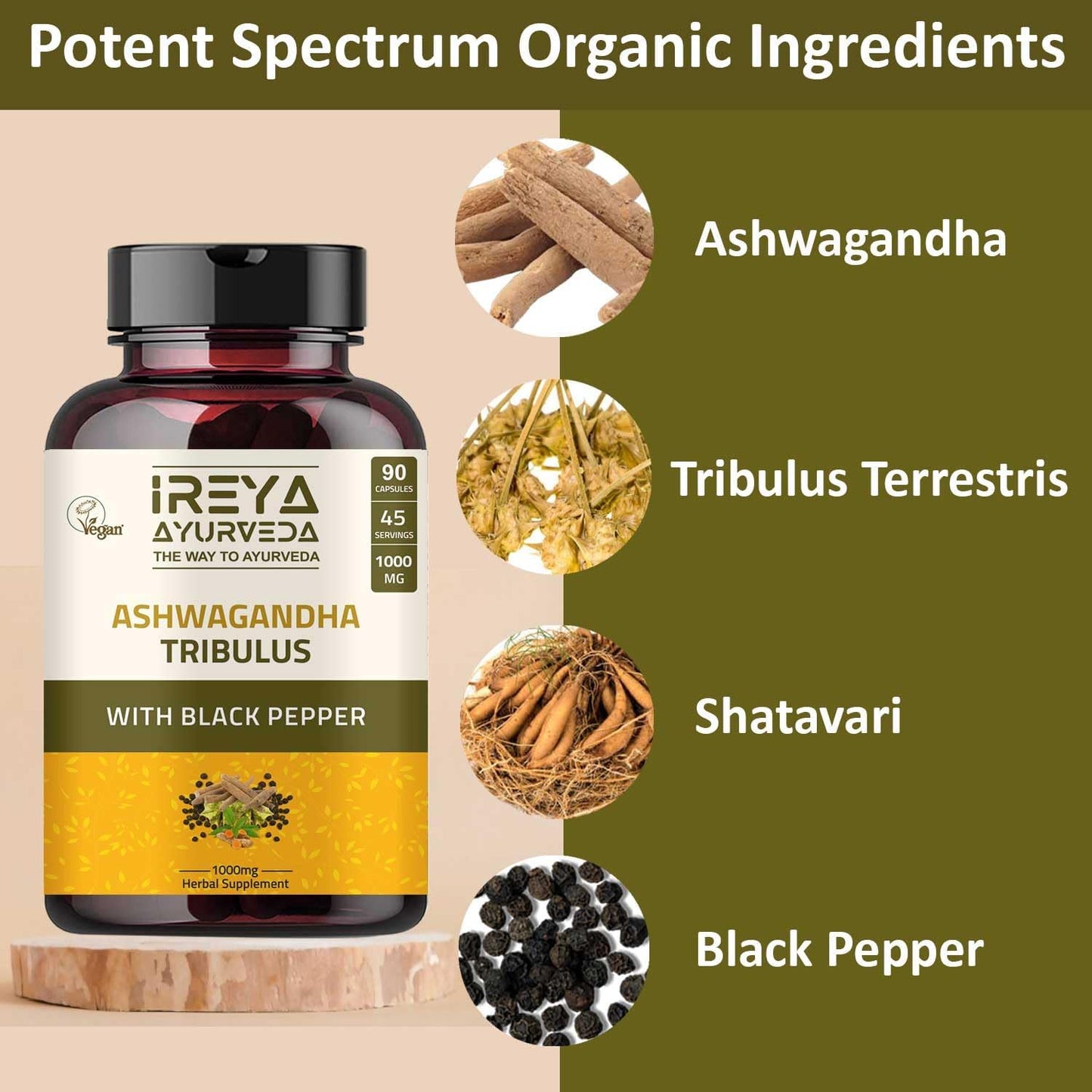 Organic Ireya Ayurveda Ashwagandha Capsules 1000mg (90 Capsules) with Tribulus Terrestris, Shatavari, and Black Pepper - 45 Day Supply