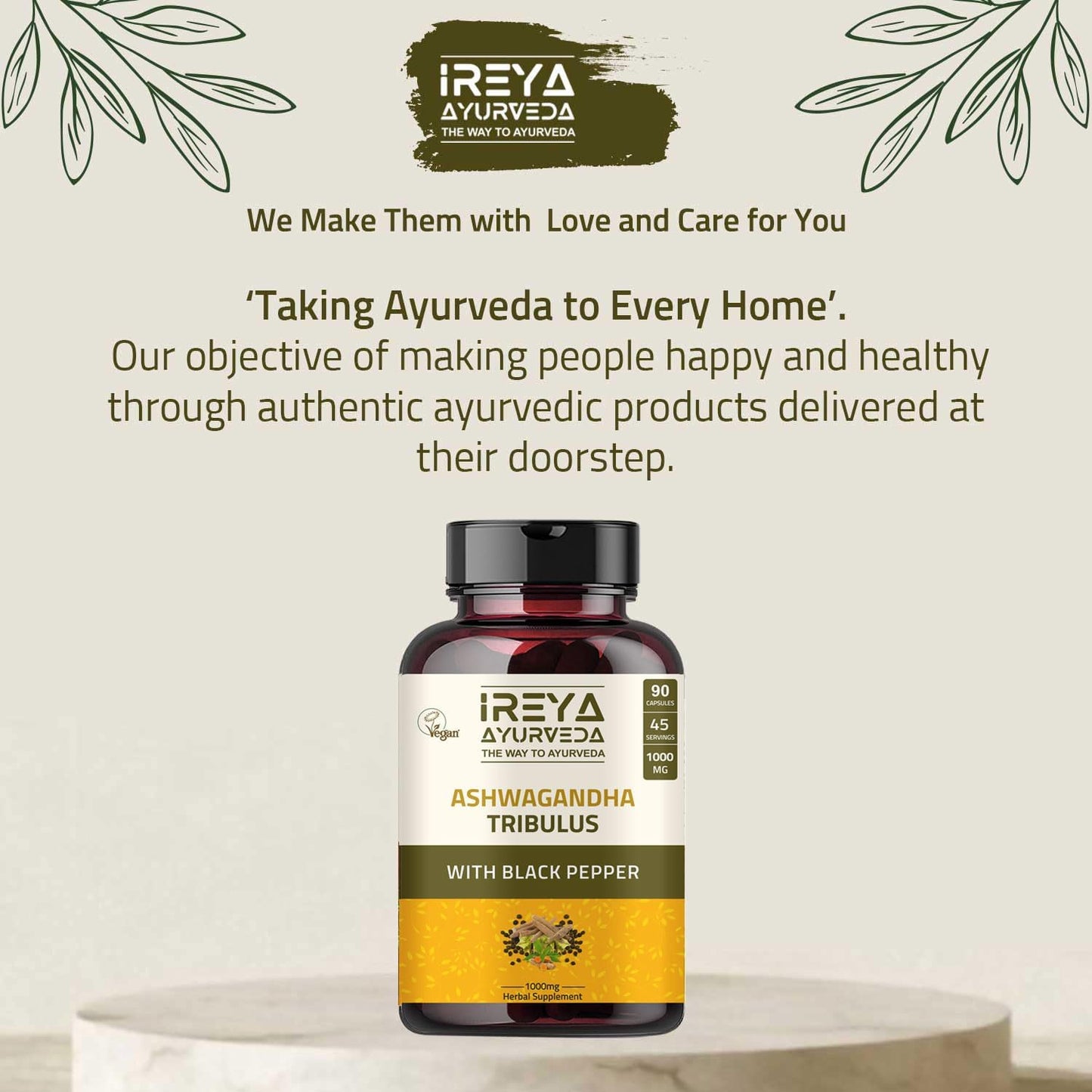 Organic Ireya Ayurveda Ashwagandha Capsules 1000mg (90 Capsules) with Tribulus Terrestris, Shatavari, and Black Pepper - 45 Day Supply