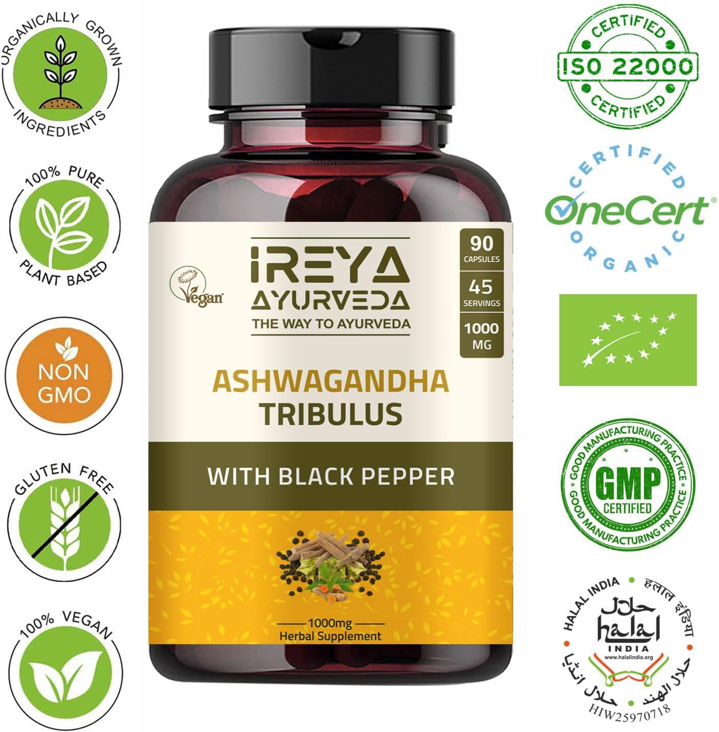 Organic Ireya Ayurveda Ashwagandha Capsules 1000mg (90 Capsules) with Tribulus Terrestris, Shatavari, and Black Pepper - 45 Day Supply