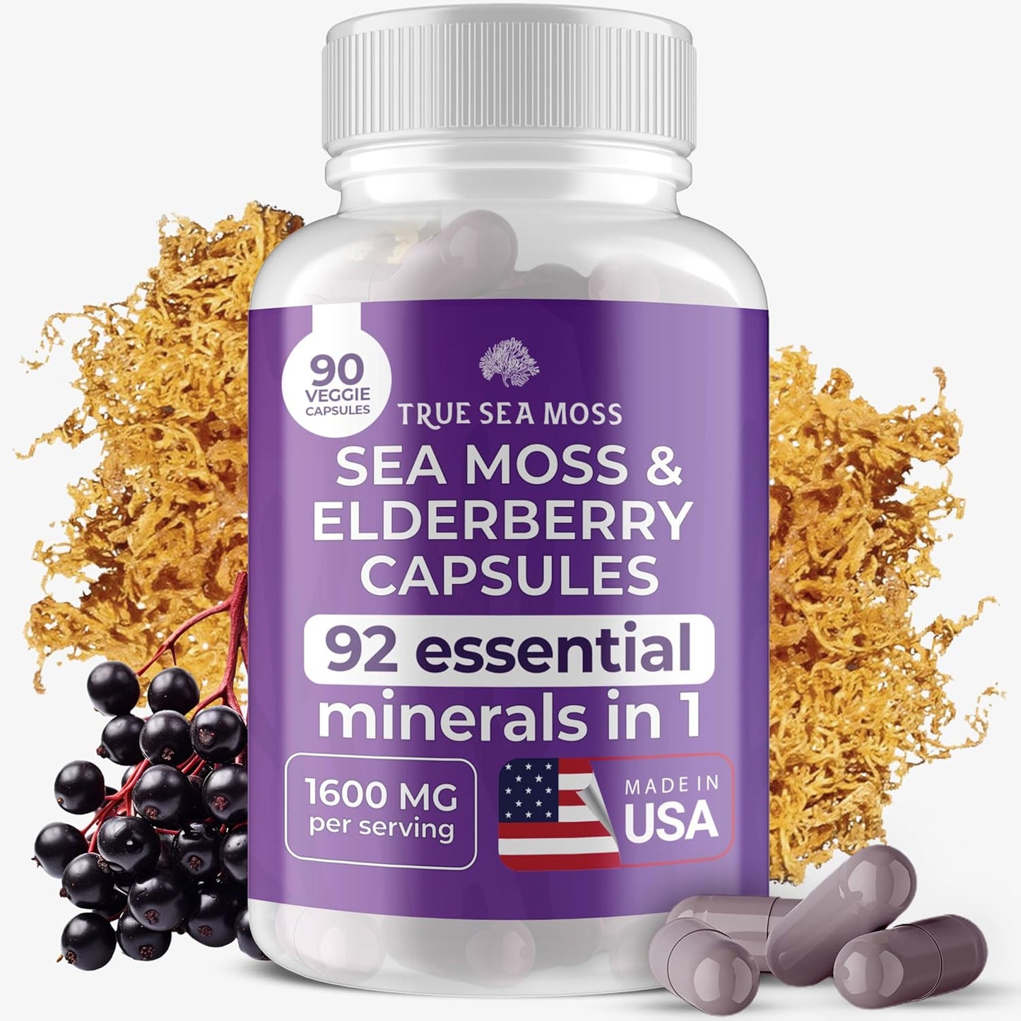 Organic Irish Sea Moss and Elderberry Capsules - Immune & Digestive System Support - Prebiotic Superfood (1600mg) - Healthy Skin, Keto Detox - 90 Capsules
