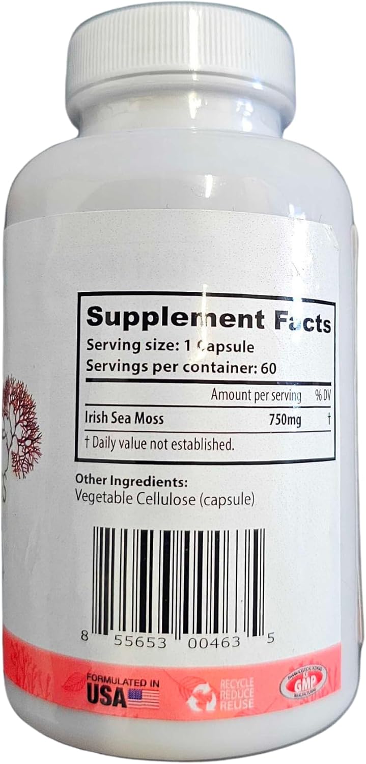 Organic Irish Sea Moss Capsules | Vegan, Non-GMO Seamoss Pills | Natural Source of Essential Vitamins & Minerals | Easy-to-Swallow Superfood Supplement (60 Capsules)