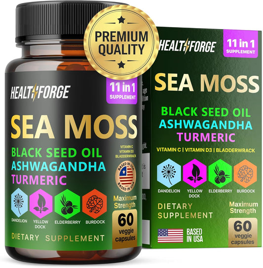Organic Irish Sea Moss Capsules with Black Seed Oil, Ashwagandha, Turmeric, Bladderwrack, Burdock, Vitamin C & D3 - 1000-3000mg