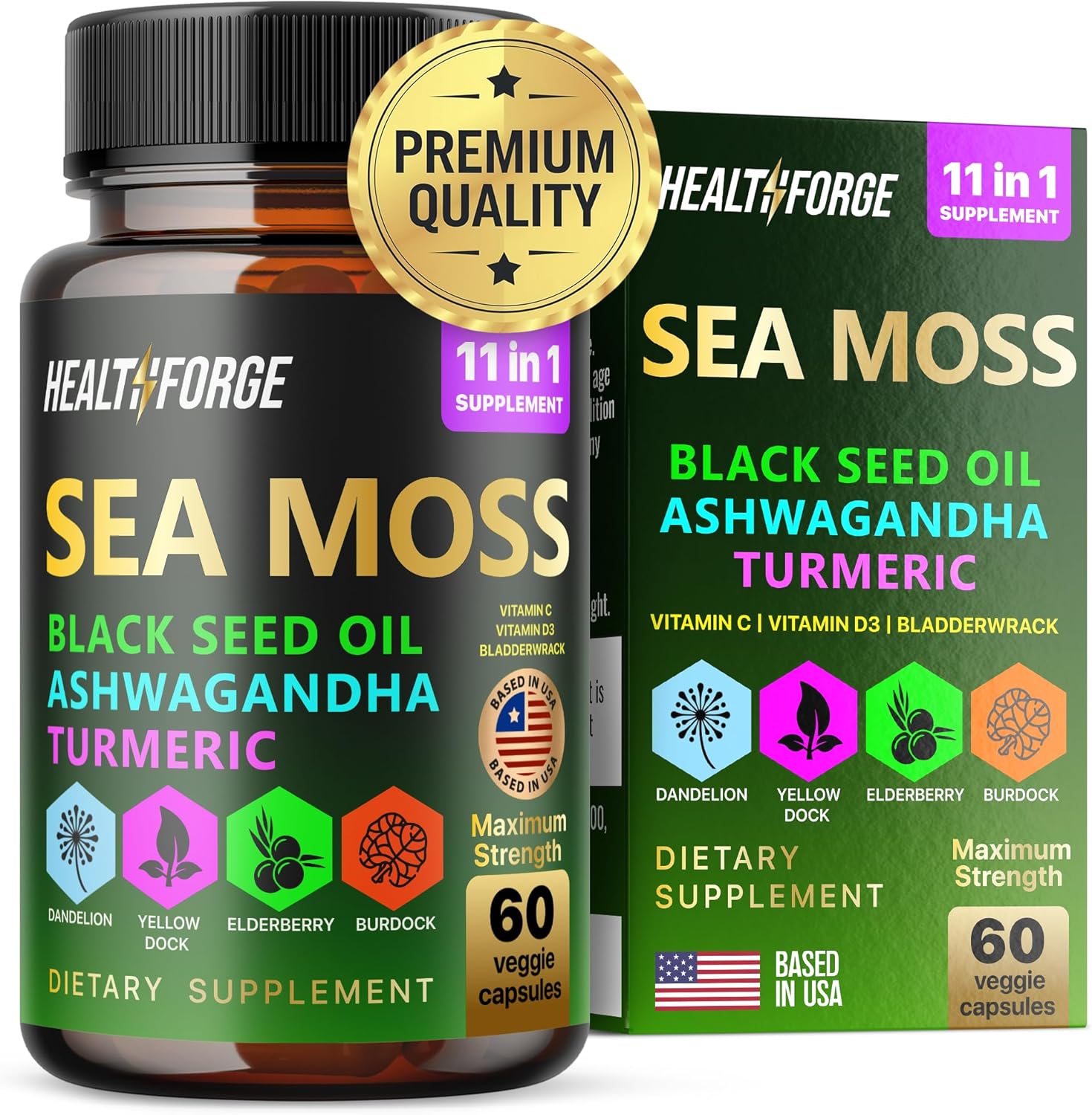 Organic Irish Sea Moss Capsules with Black Seed Oil, Ashwagandha, Turmeric, Bladderwrack, Burdock, Vitamin C & D3 - 1000-3000mg
