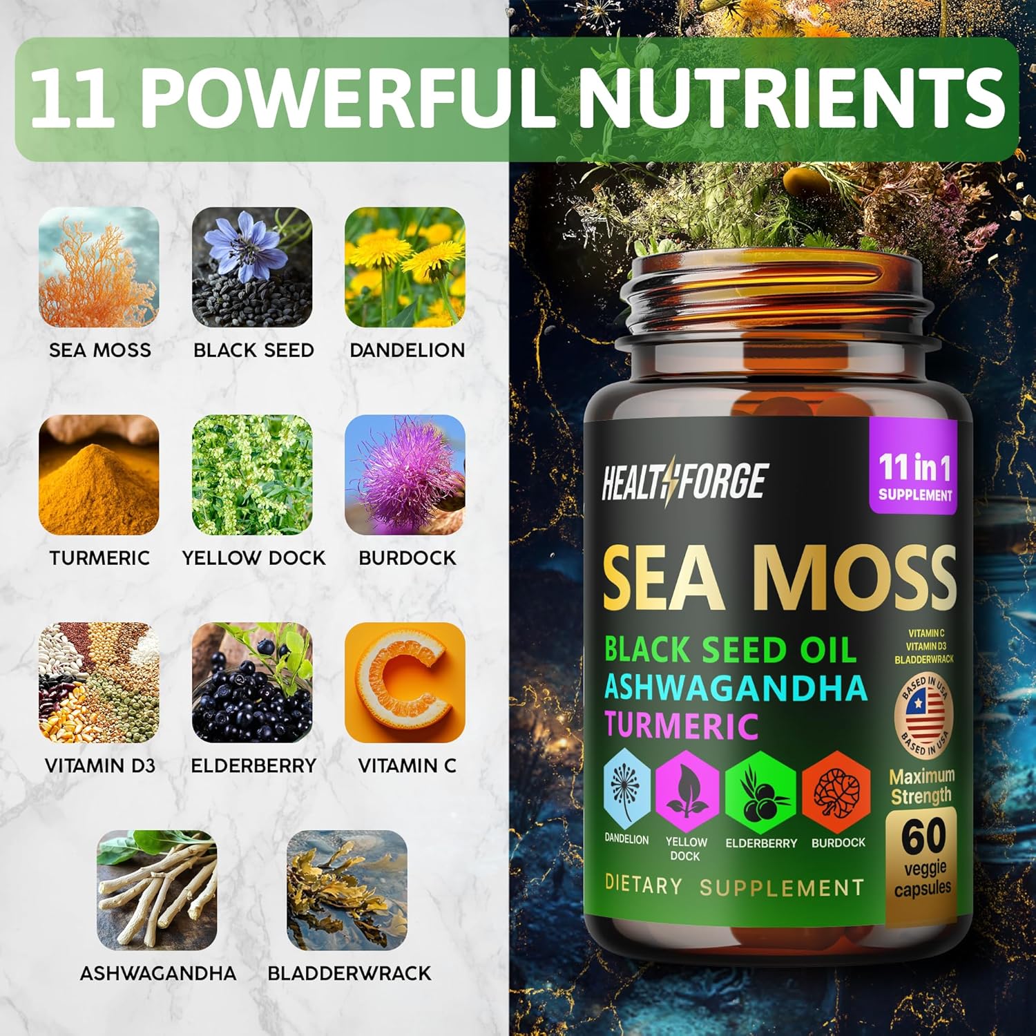 Organic Irish Sea Moss Capsules with Black Seed Oil, Ashwagandha, Turmeric, Bladderwrack, Burdock, Vitamin C & D3 - 1000-3000mg