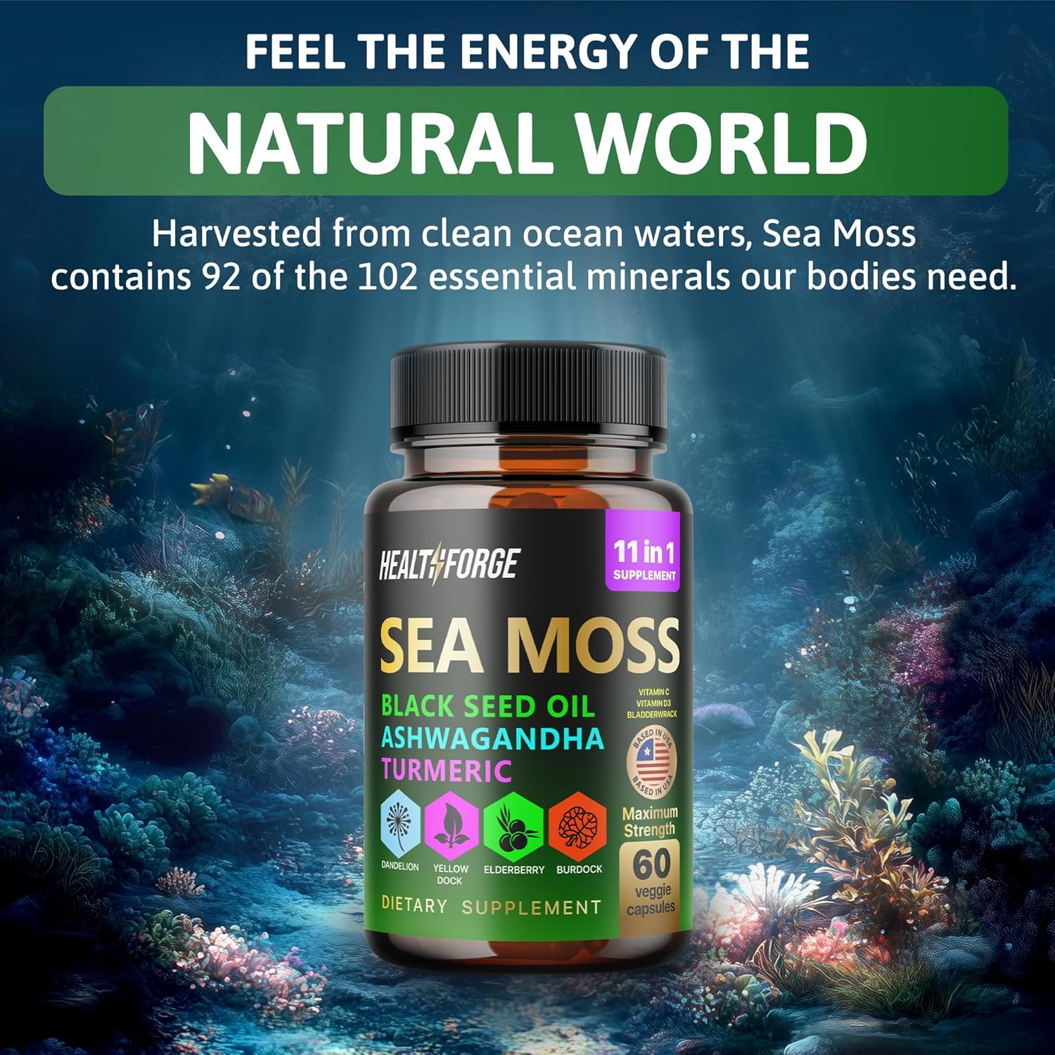 Organic Irish Sea Moss Capsules with Black Seed Oil, Ashwagandha, Turmeric, Bladderwrack, Burdock, Vitamin C & D3 - 1000-3000mg