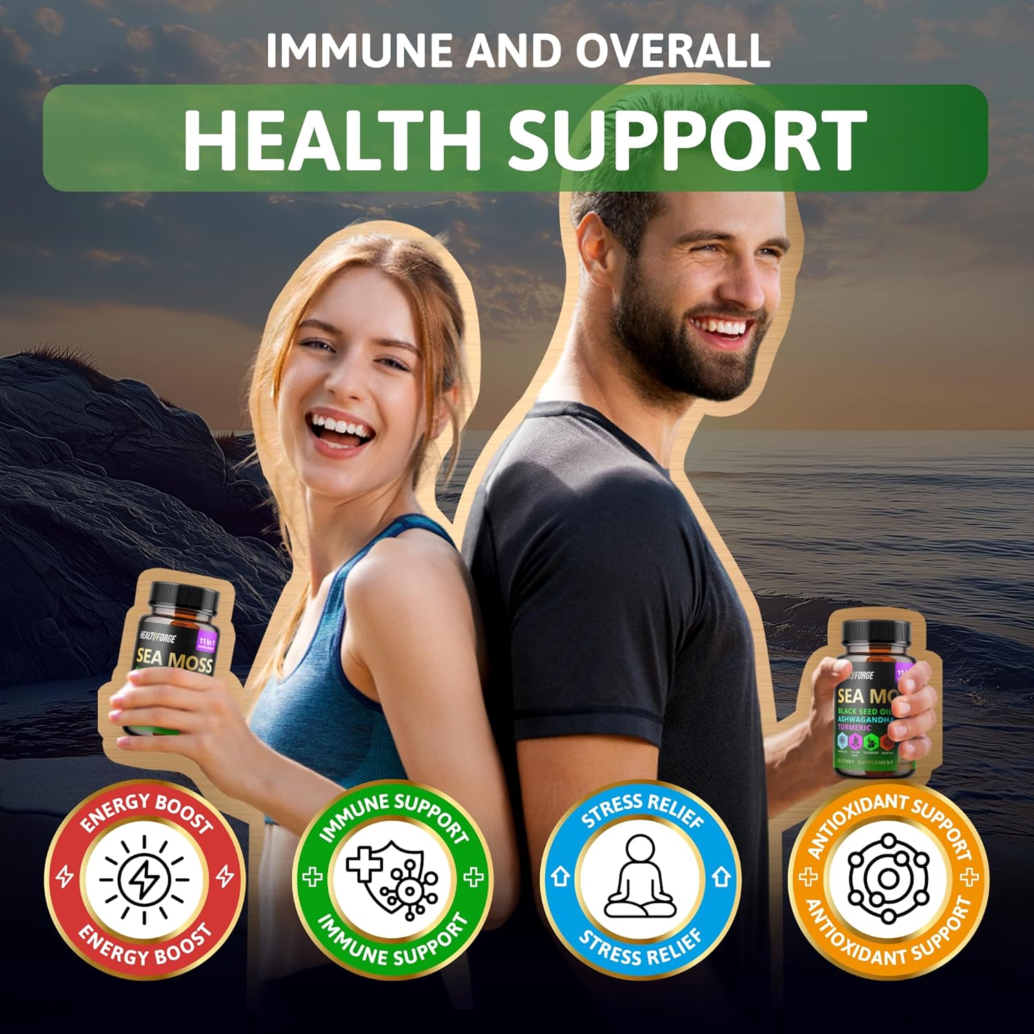 Organic Irish Sea Moss Capsules with Black Seed Oil, Ashwagandha, Turmeric, Bladderwrack, Burdock, Vitamin C & D3 - 1000-3000mg