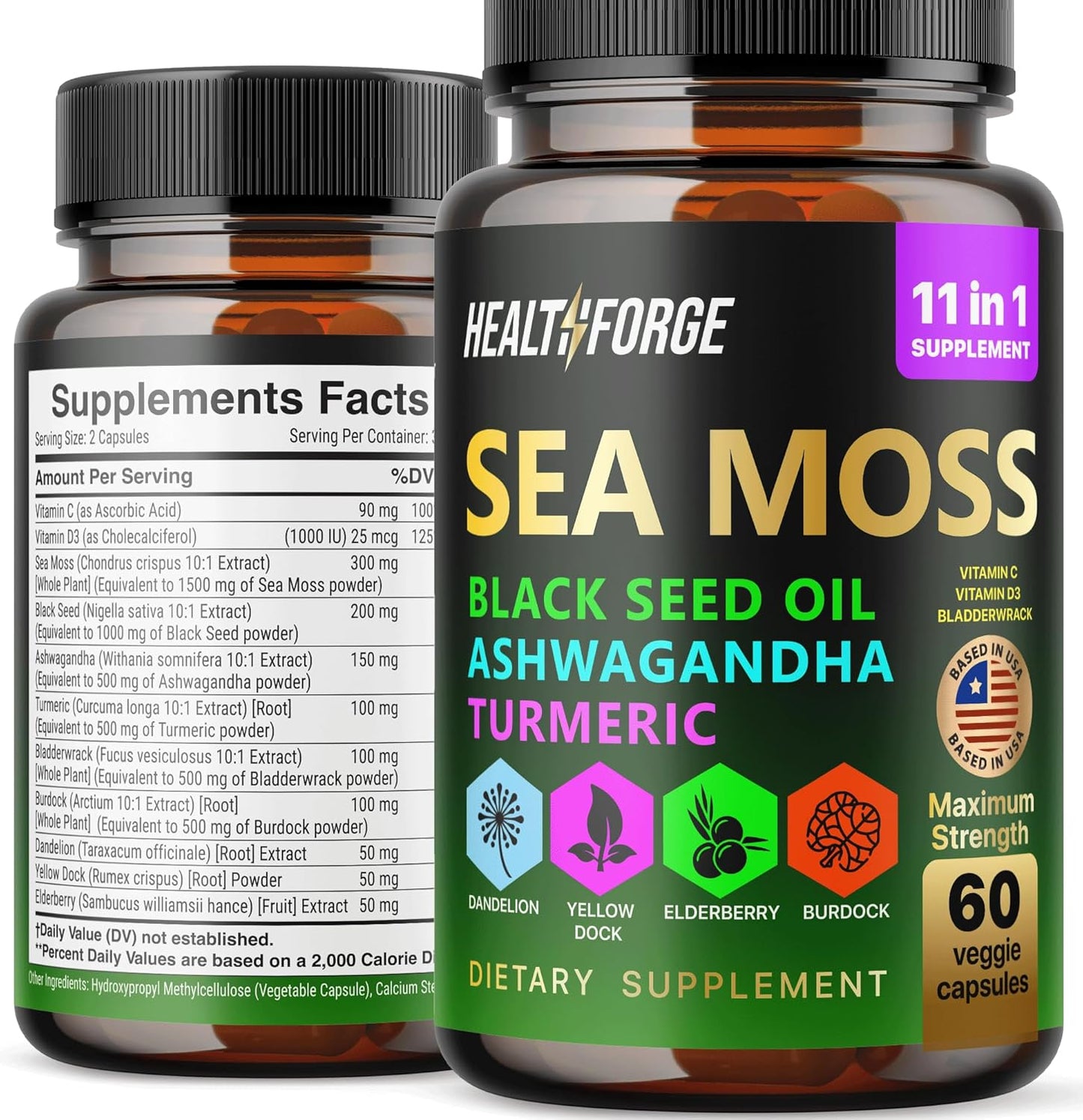 Organic Irish Sea Moss Capsules with Black Seed Oil, Ashwagandha, Turmeric, Bladderwrack, Burdock, Vitamin C & D3 - 1000-3000mg