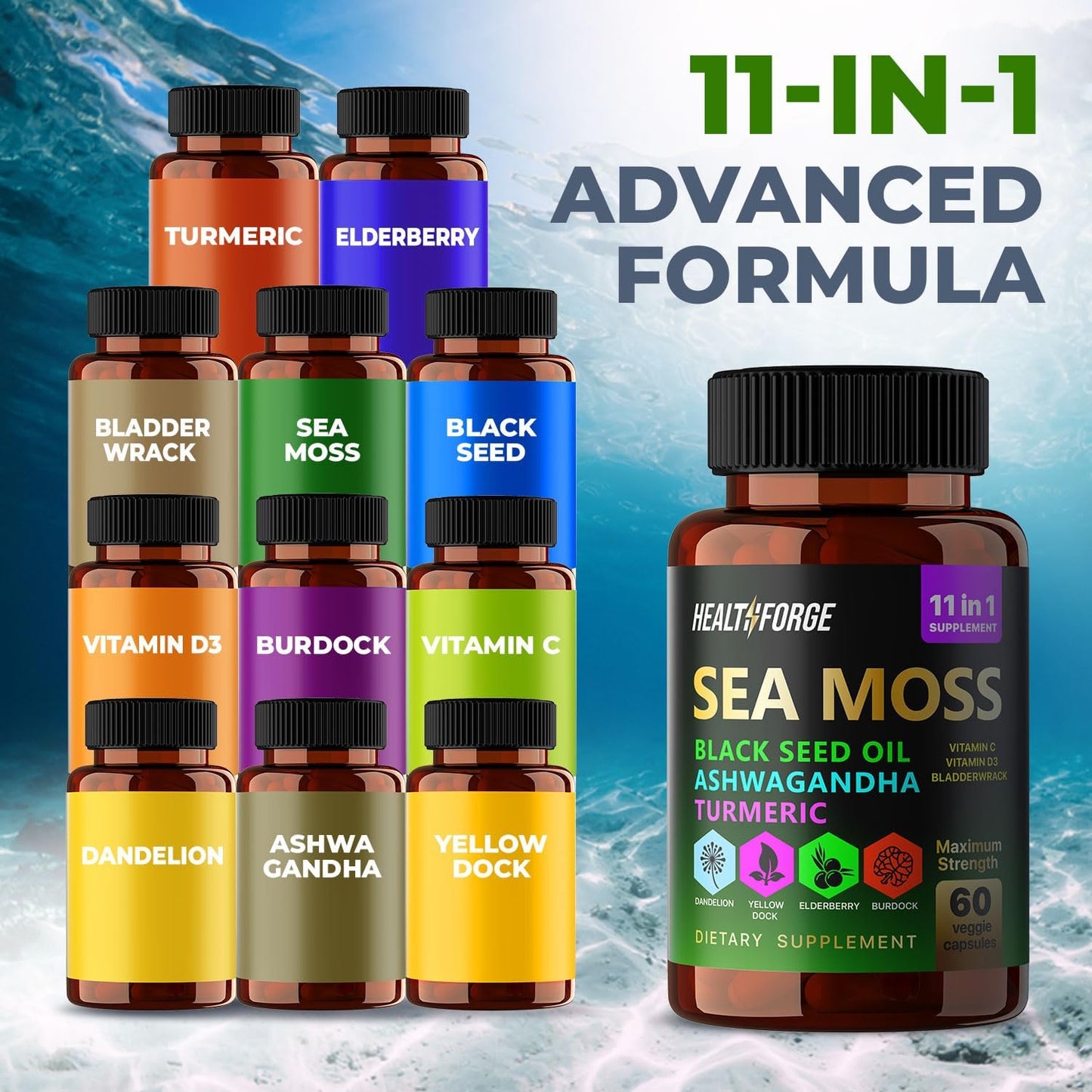 Organic Irish Sea Moss Capsules with Black Seed Oil, Ashwagandha, Turmeric, Bladderwrack, Burdock, Vitamin C & D3 - 1000-3000mg
