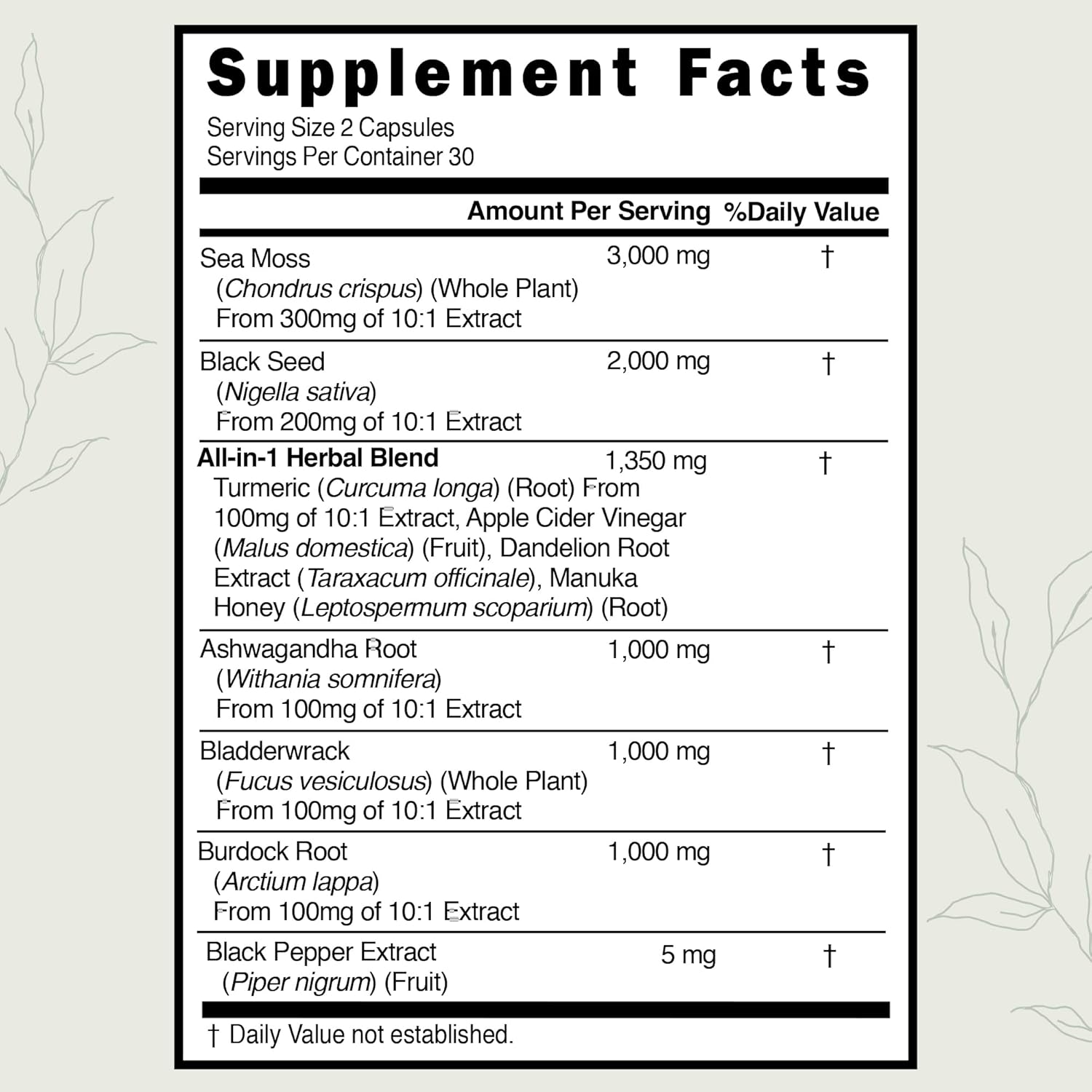 Organic Irish Sea Moss Capsules with Bladderwrack, Burdock Root, Ashwagandha, and Black Seed - Immunity Booster Supplement for Men and Women - Vegan, 60 Capsules