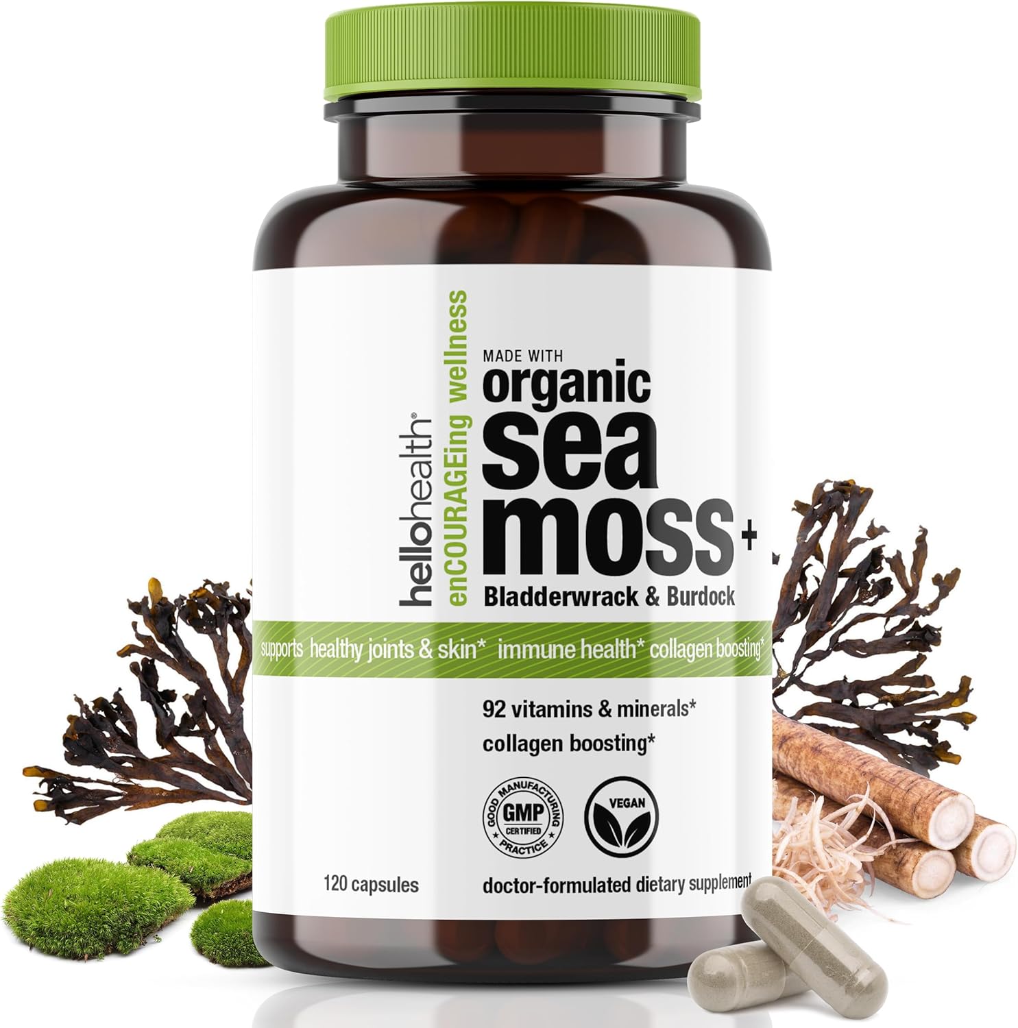 Organic Irish Sea Moss Capsules with Burdock Root & Bladderwrack for Immune Support - 120 Capsules