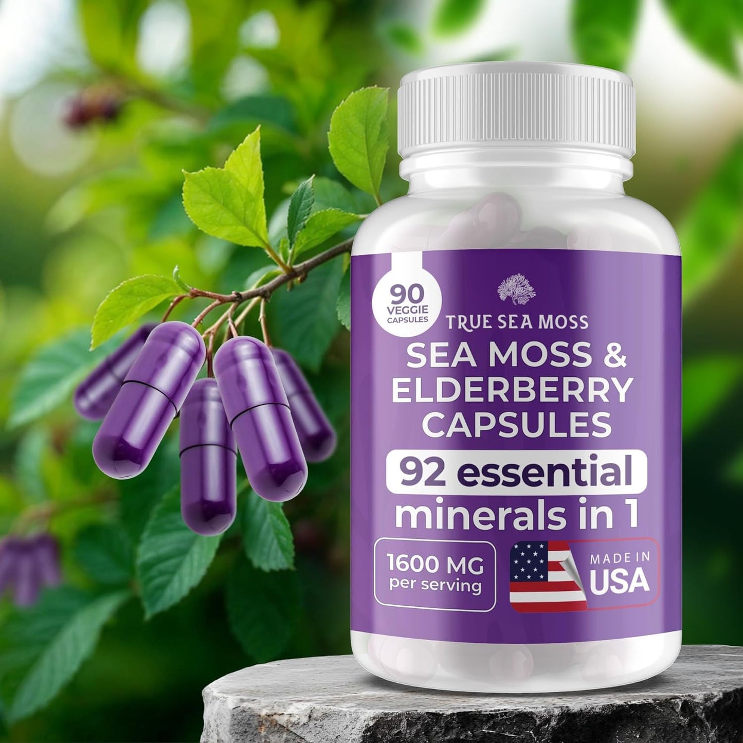 Organic Irish Sea Moss & Elderberry Capsules - Immune & Digestive Support - 90 Capsules (1600mg) - Prebiotic Superfood for Healthy Skin, Keto Detox, Gut & Joint Health
