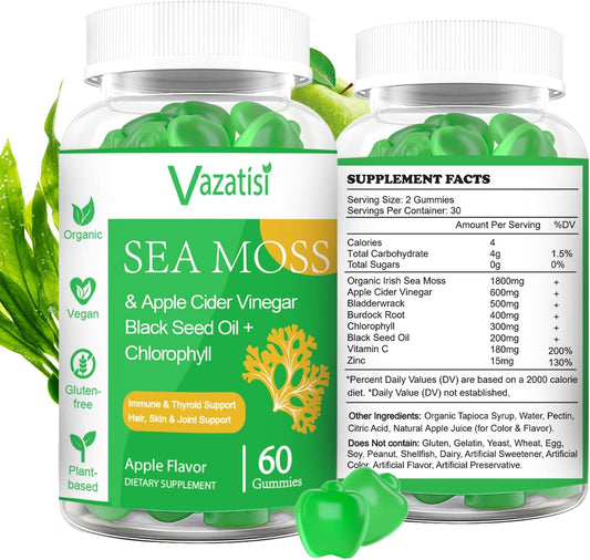 Organic Irish Sea Moss Gummies with Black Seed Oil & Chlorophyll - Thyroid, Digestion, Mood, Energy & Immune Support - 2 Pack, 120 Vegan Gummies - Adults, Kids, Women, Men