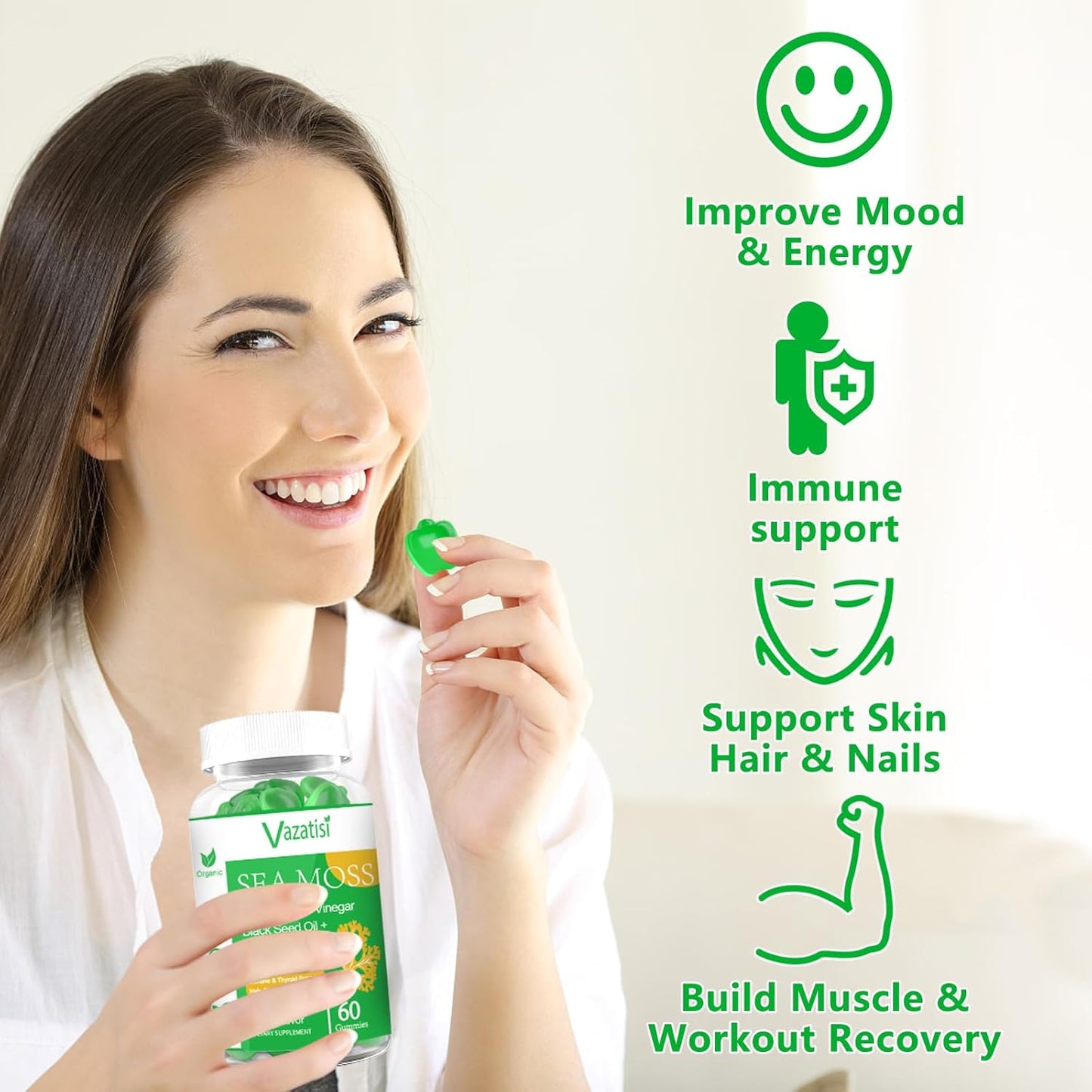 Organic Irish Sea Moss Gummies with Black Seed Oil & Chlorophyll - Thyroid, Digestion, Mood, Energy & Immune Support - 2 Pack, 120 Vegan Gummies - Adults, Kids, Women, Men