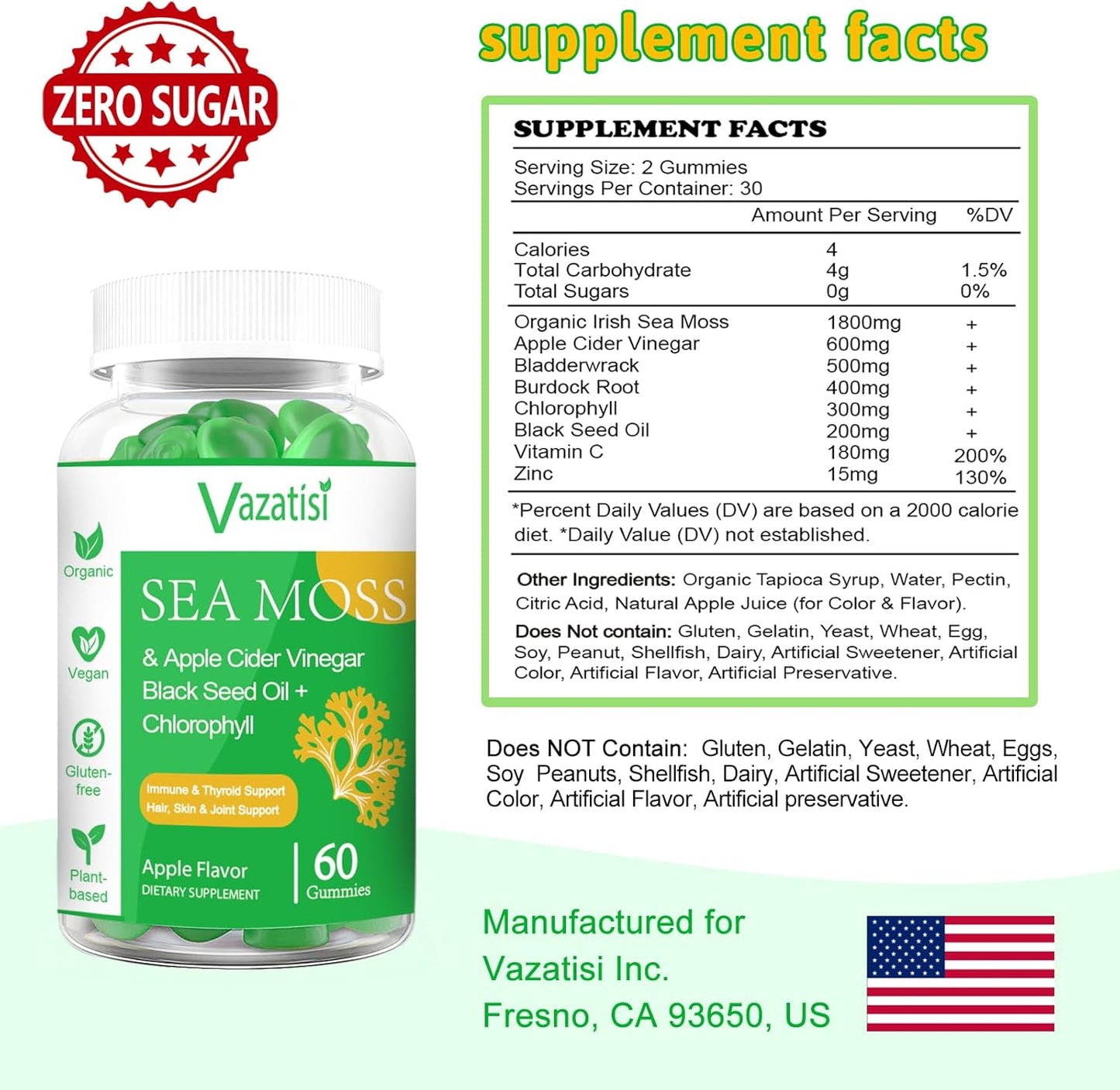 Organic Irish Sea Moss Gummies with Black Seed Oil & Chlorophyll - Thyroid, Digestion, Mood, Energy & Immune Support - 2 Pack, 120 Vegan Gummies - Adults, Kids, Women, Men