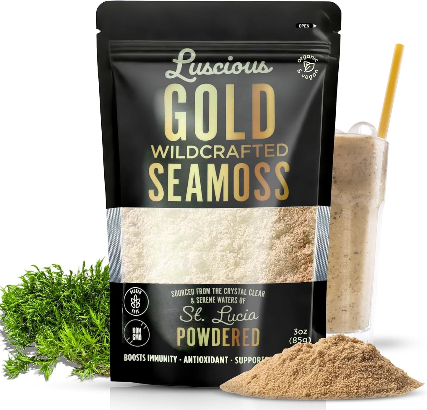 Organic Irish Sea Moss Powder Gold 3 Oz - Premium St. Lucia Sea Moss for Gut Health & Immune Support - Vegan & Gluten-Free Superfood Powder by Luscious Spice Emporium
