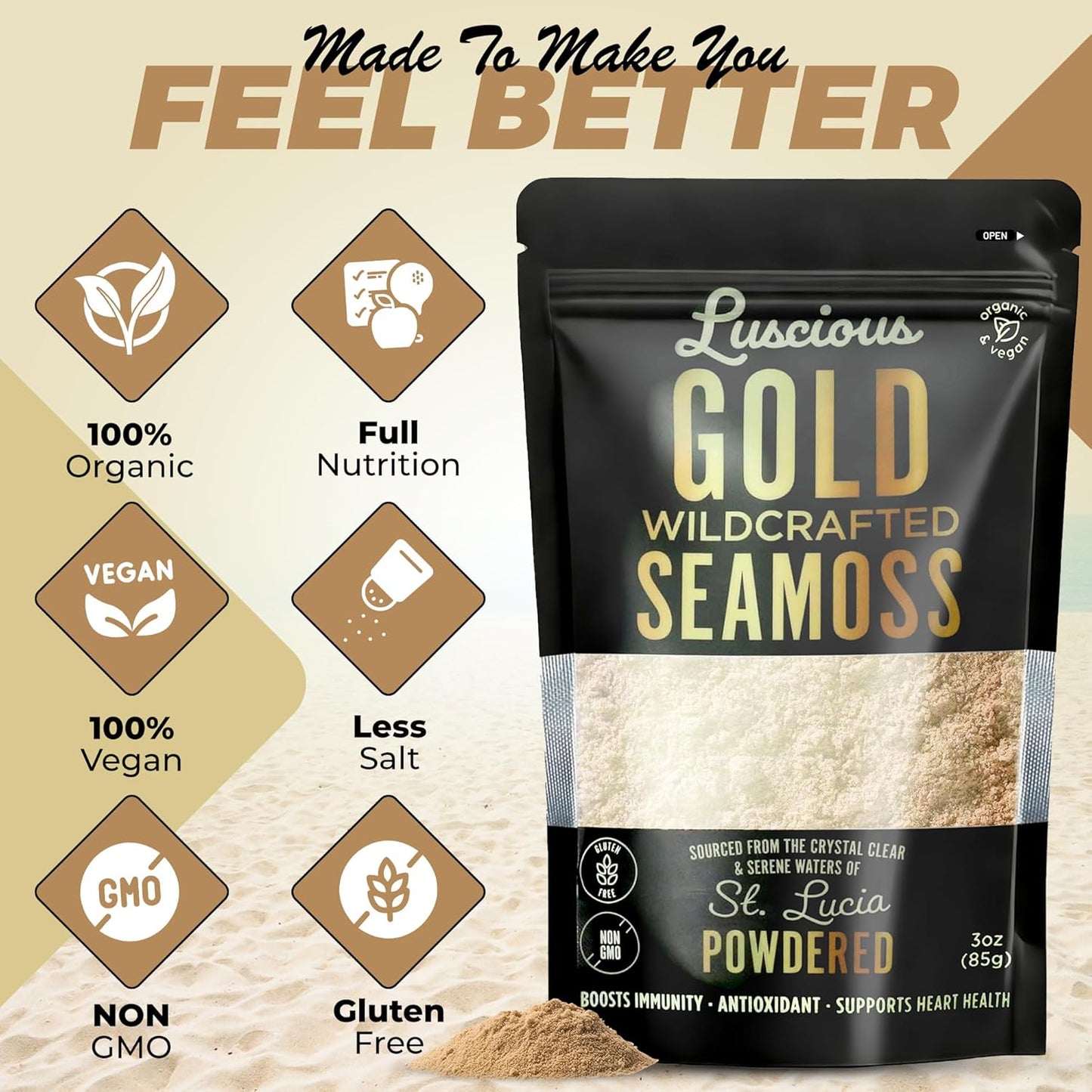 Organic Irish Sea Moss Powder Gold 3 Oz - Premium St. Lucia Sea Moss for Gut Health & Immune Support - Vegan & Gluten-Free Superfood Powder by Luscious Spice Emporium