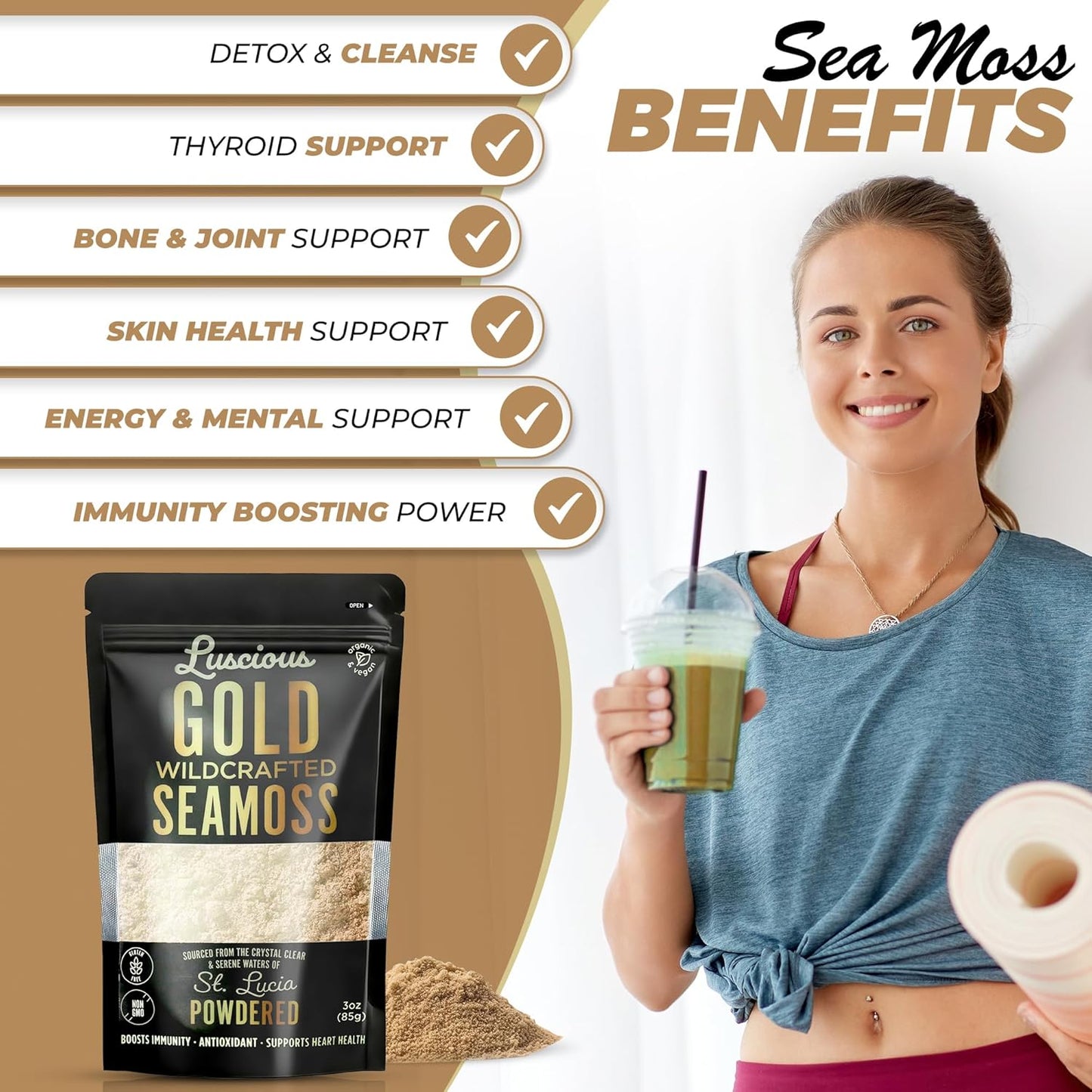 Organic Irish Sea Moss Powder Gold 3 Oz - Premium St. Lucia Sea Moss for Gut Health & Immune Support - Vegan & Gluten-Free Superfood Powder by Luscious Spice Emporium