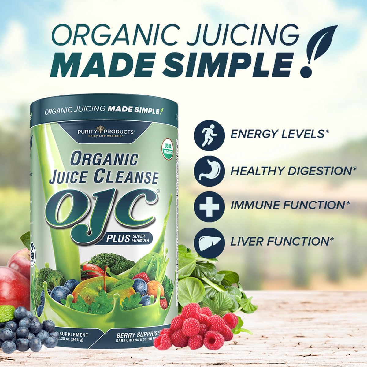 Organic Juice Cleanse with Berry Surprise - Purity Products - 30+ Veggies and Fruits - 5g Fiber - Energy and Digestive Support - 12.28 oz - 348g - 30 Servings