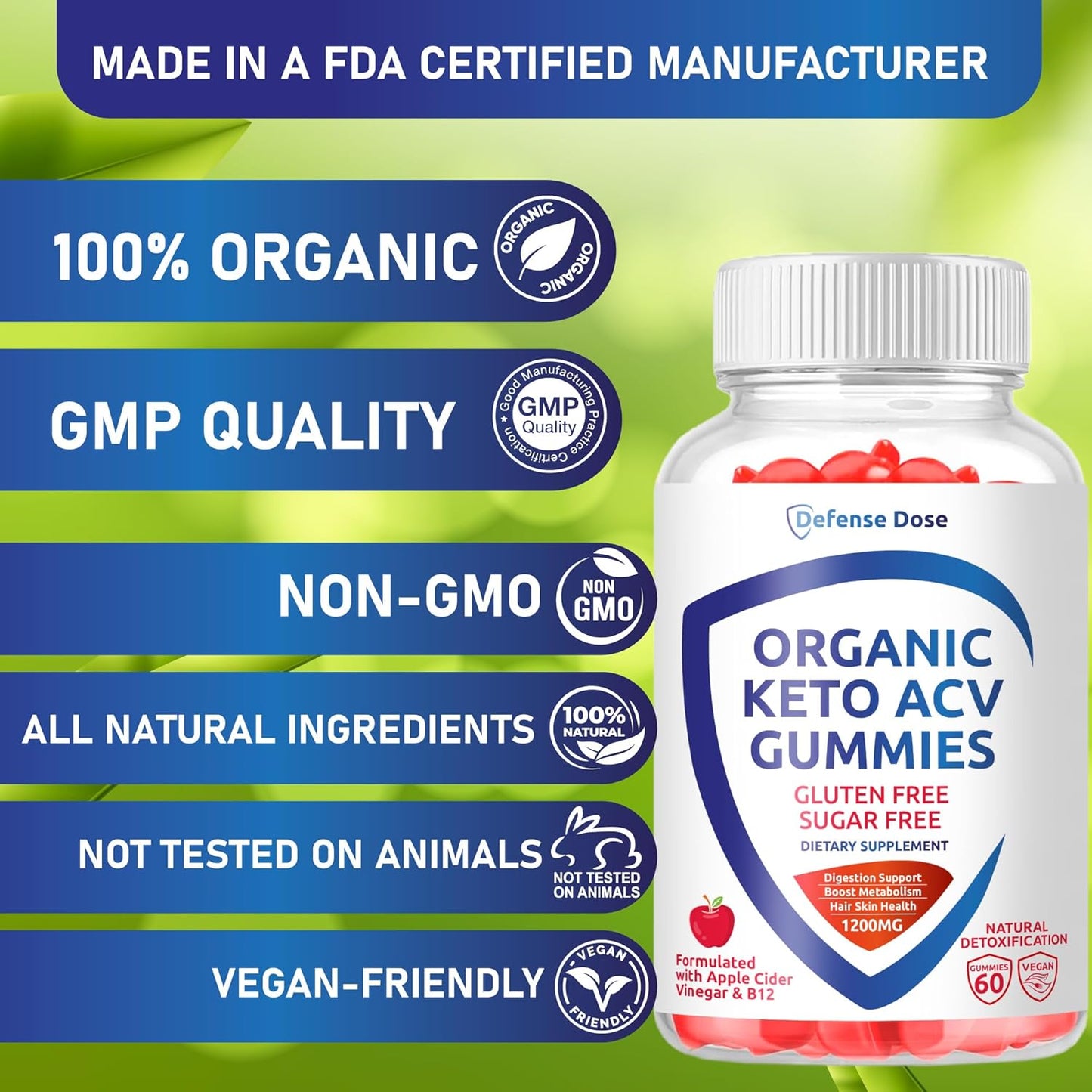 Organic Keto ACV Gummies - Gluten & Sugar Free Apple Cider Vinegar Supplement (1200MG) for Men and Women