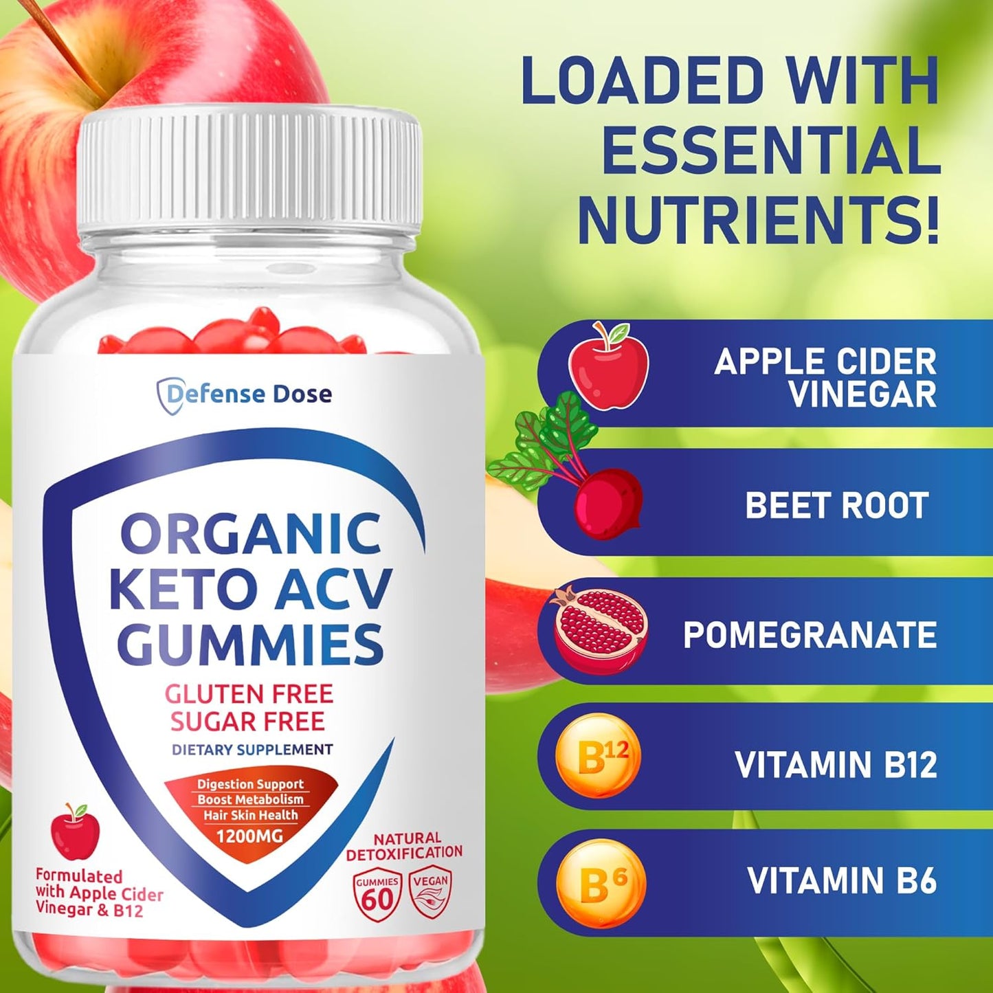 Organic Keto ACV Gummies - Gluten & Sugar Free Apple Cider Vinegar Supplement (1200MG) for Men and Women