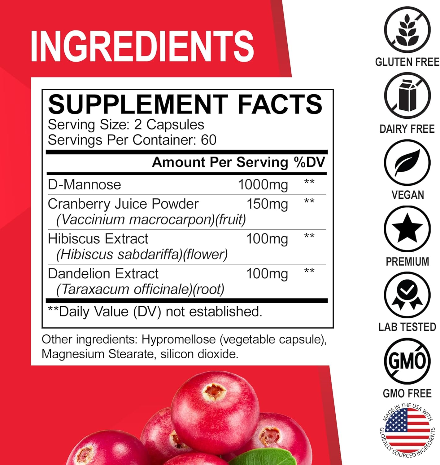 Organic Kidney Support Supplement with D-Mannose Capsules - Cranberry Renal Cleanse Detox for Urinary Tract Health