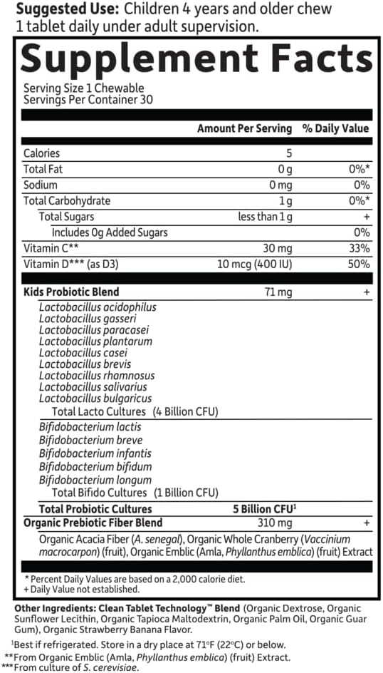 Organic Kids+ Berry Cherry Probiotics for Kids - 5 Billion CFU Chewables with Vitamin C and D - Dairy Free Immune Digestive Health - 30 Count