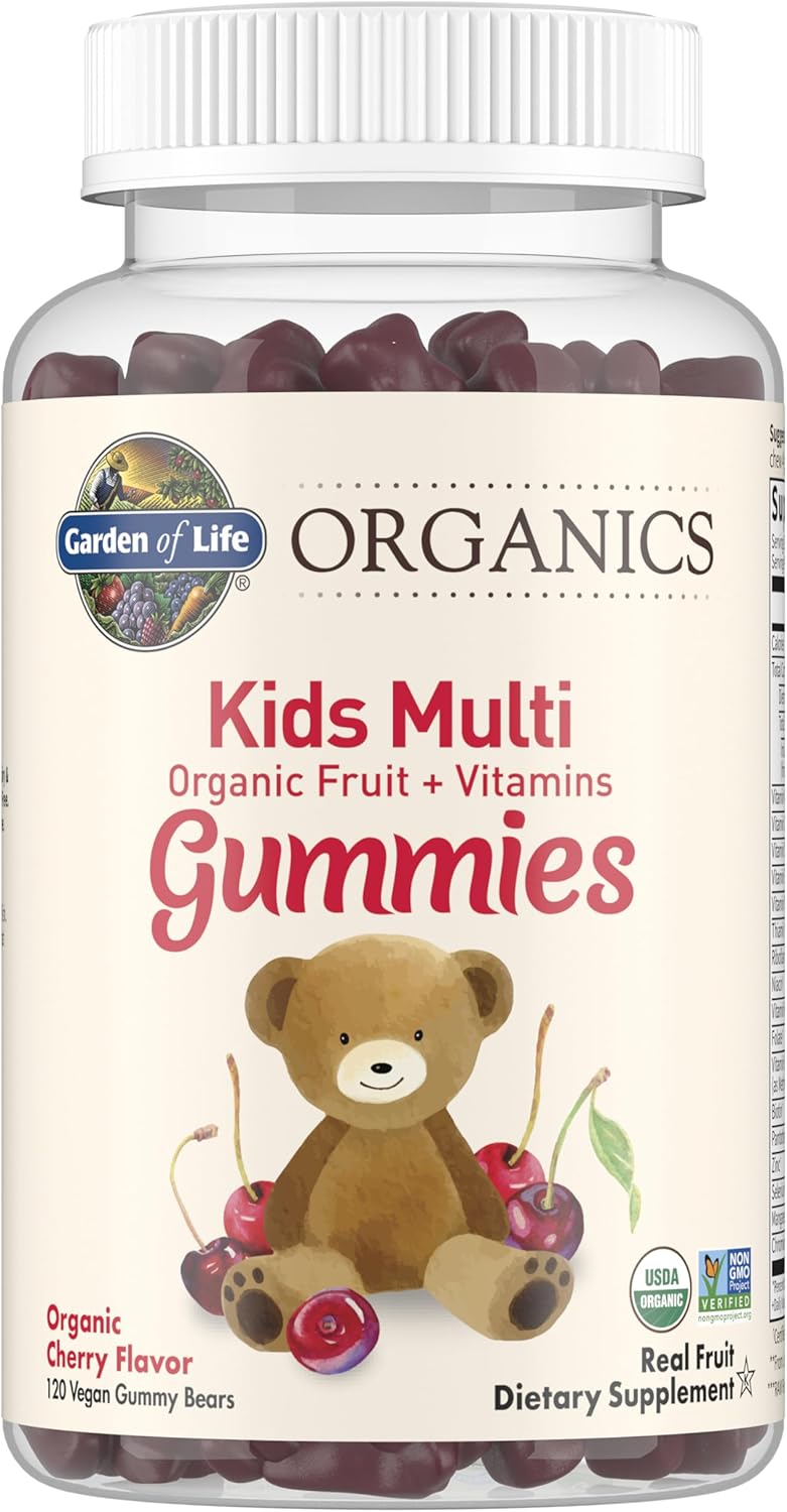 Organic Kids Gummy Vitamins - Non-GMO, Vegan, Certified Organic - B12, C & D3 - Gluten, Soy & Dairy Free - Real Fruit Chew Gummies - Cherry Flavor - 120 Count