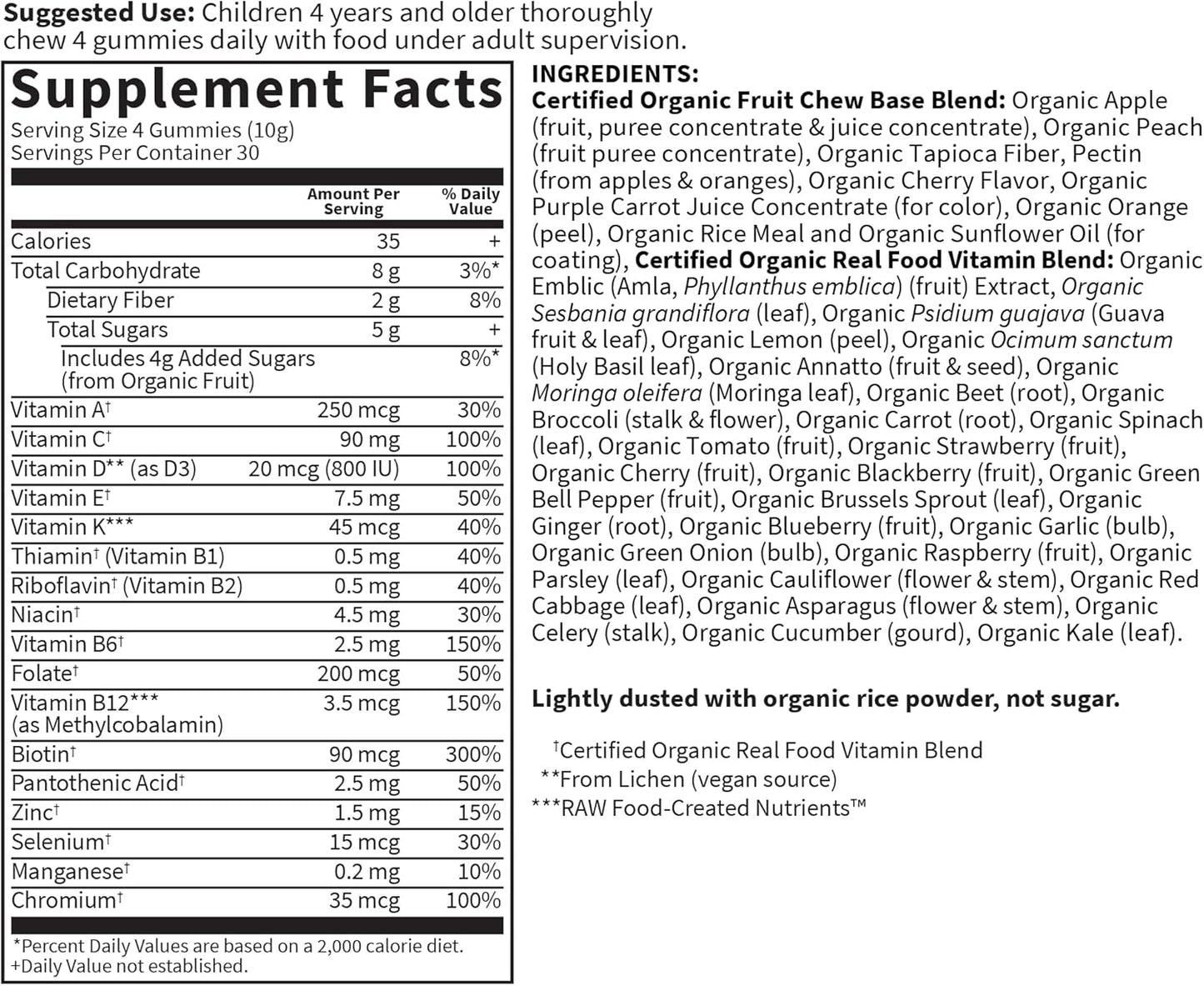 Organic Kids Gummy Vitamins - Non-GMO, Vegan, Certified Organic - B12, C & D3 - Gluten, Soy & Dairy Free - Real Fruit Chew Gummies - Cherry Flavor - 120 Count