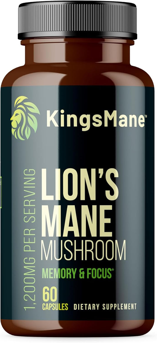 Organic KingsMane Lion's Mane Mushroom Supplement for Brain Support - Memory, Focus, Clarity - 1200mg, 60 Capsules
