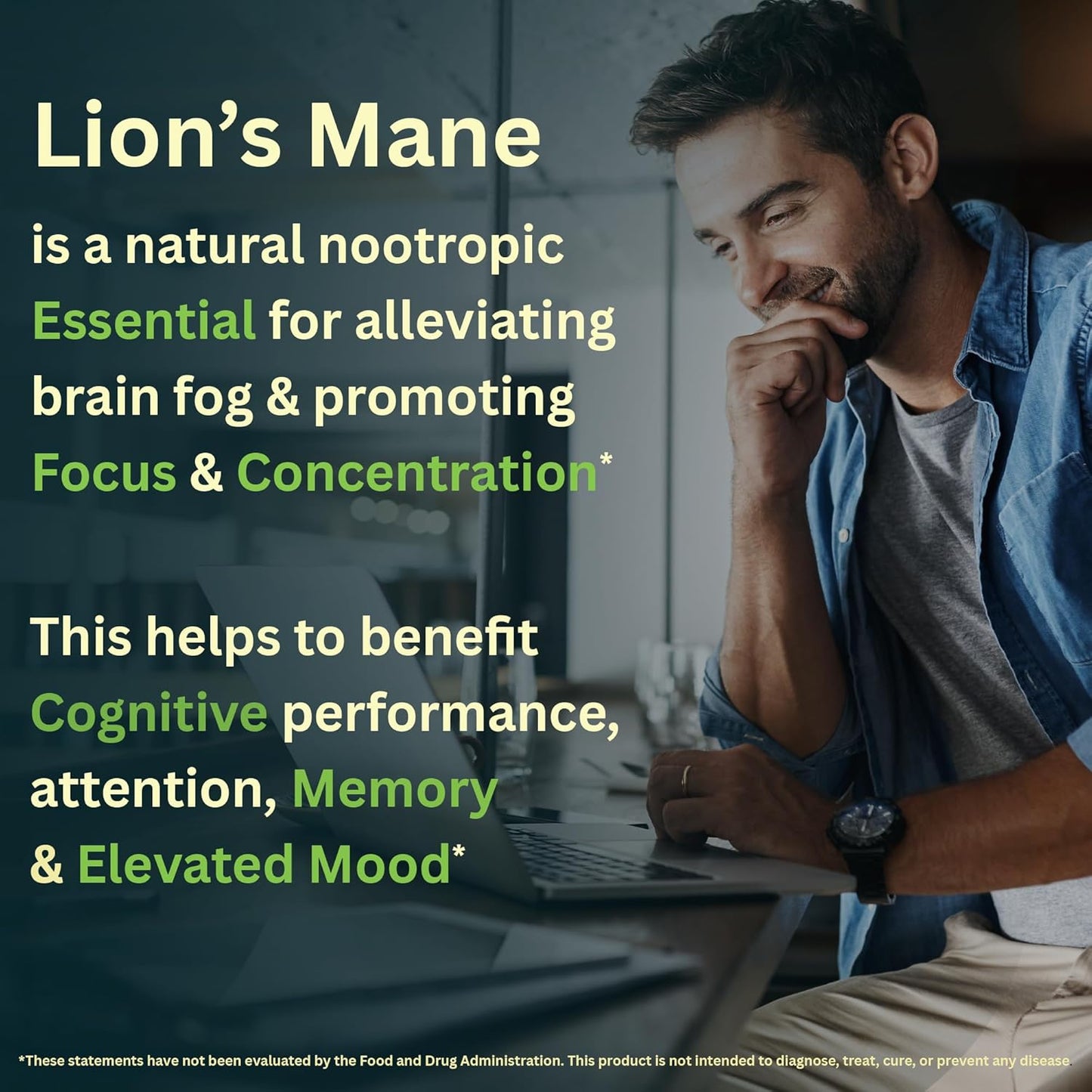 Organic KingsMane Lion's Mane Mushroom Supplement for Brain Support - Memory, Focus, Clarity - 1200mg, 60 Capsules
